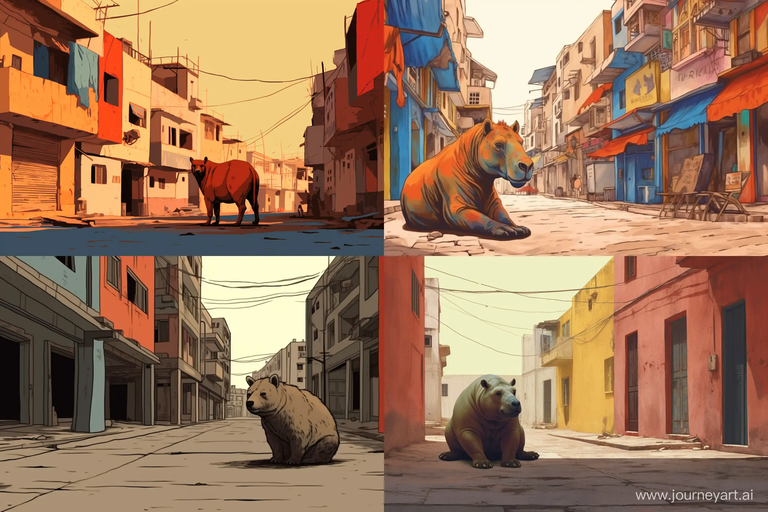 a capybara on the street in a city, 
 dada color style --ar 3:2 --v 5.2