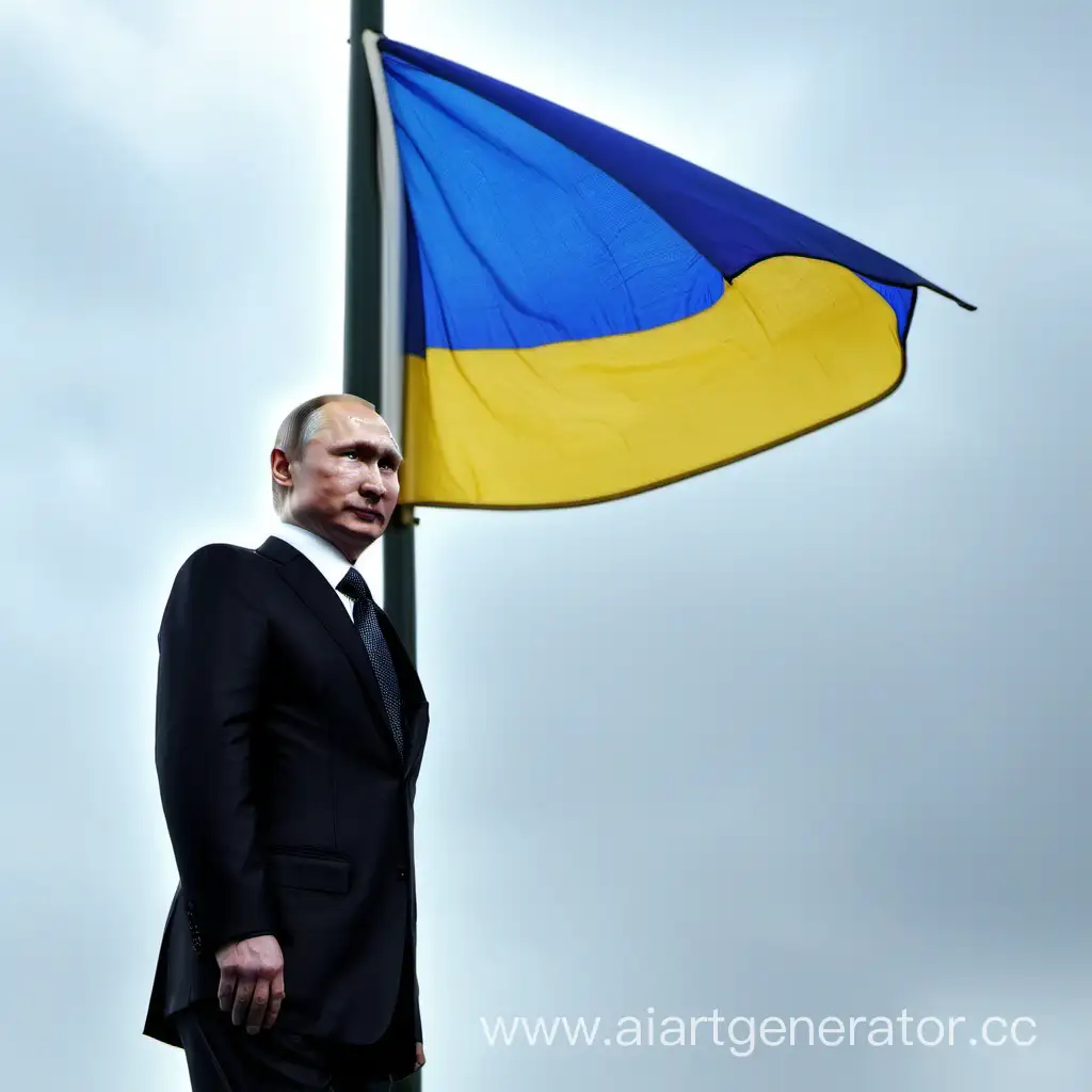 Путин на фоне жёлто синего флага на пьедистале