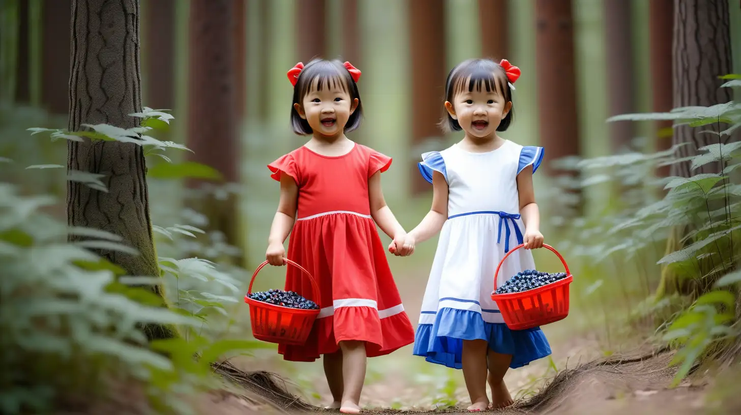 Две маленькие девочки-азиатки 4 и 6 лет ,  одна одета в красно-белое платье, другая  одета в сине- белое платье, они зашли  в лес, полный красивых и высоких древьев и кустов с красными и сочными ягодами, девочки стали рвать и  собирать ягоды в свои маленькие корзинки 