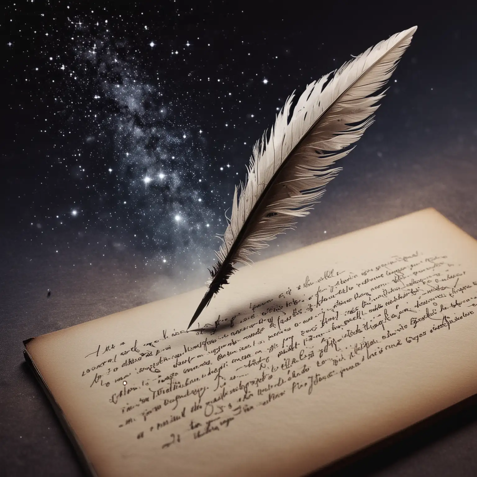 A quill writing in nothingness and the ink that comes out of the pen is the cosmos