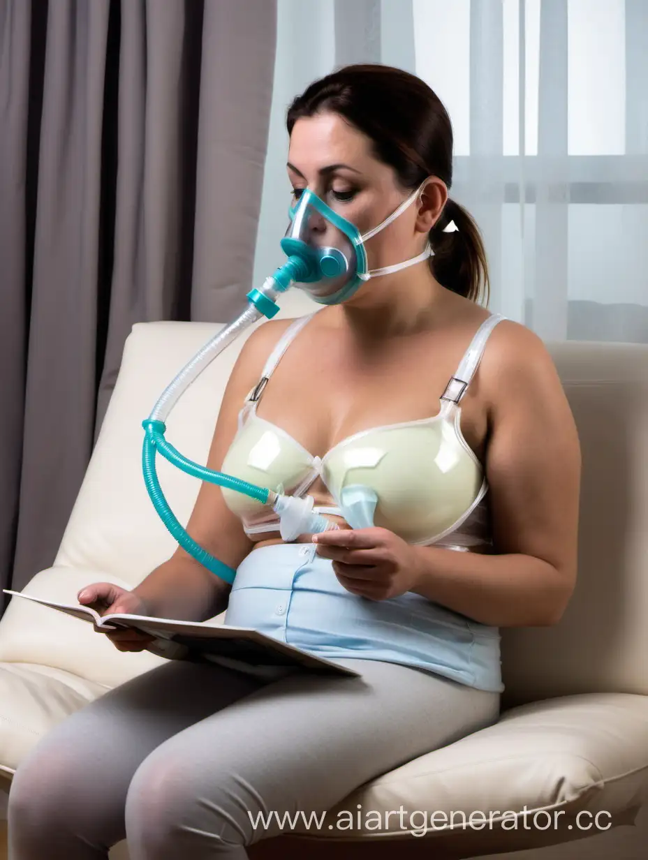 Woman-Reading-at-Home-with-Oxygen-Mask-and-Unique-Brassiere