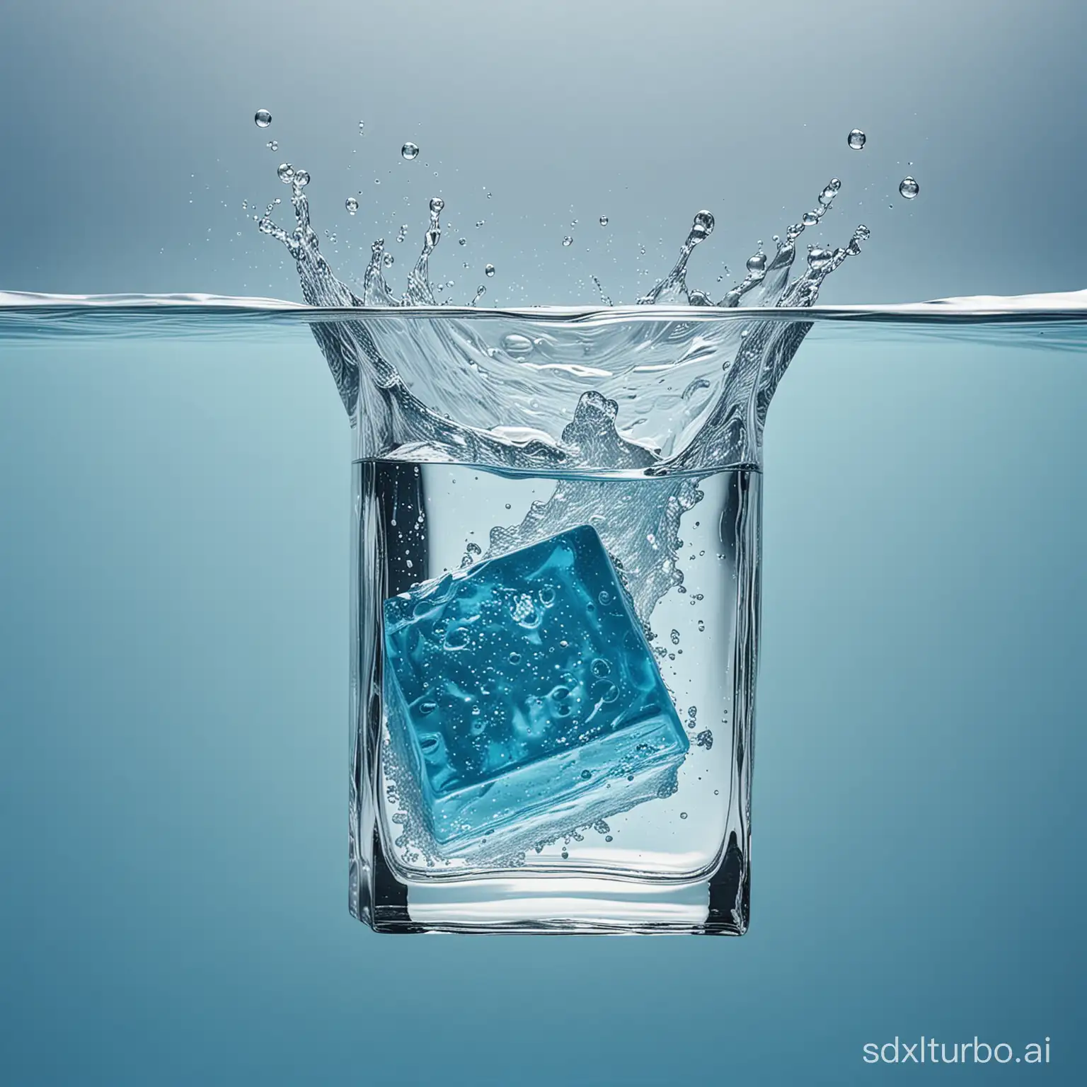 A skincare product falls into the water, splashing water, with half of the skincare product submerged in the water. Side view, transparent glass packaging, overall color tending towards blue.