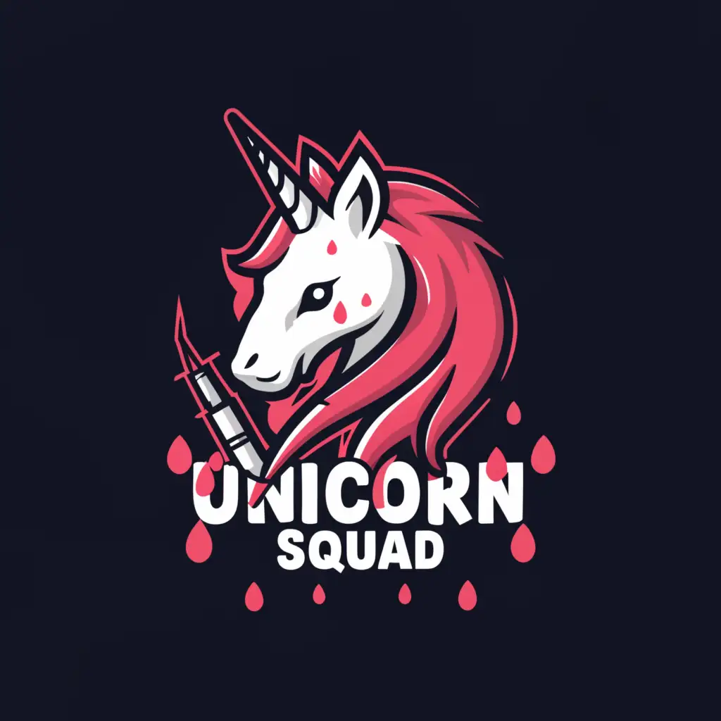 a logo design,with the text "unicorn squad", main symbol:unicorn, syringe with blood drops, ekg trace,Minimalistic,be used in Medical Dental industry,clear background