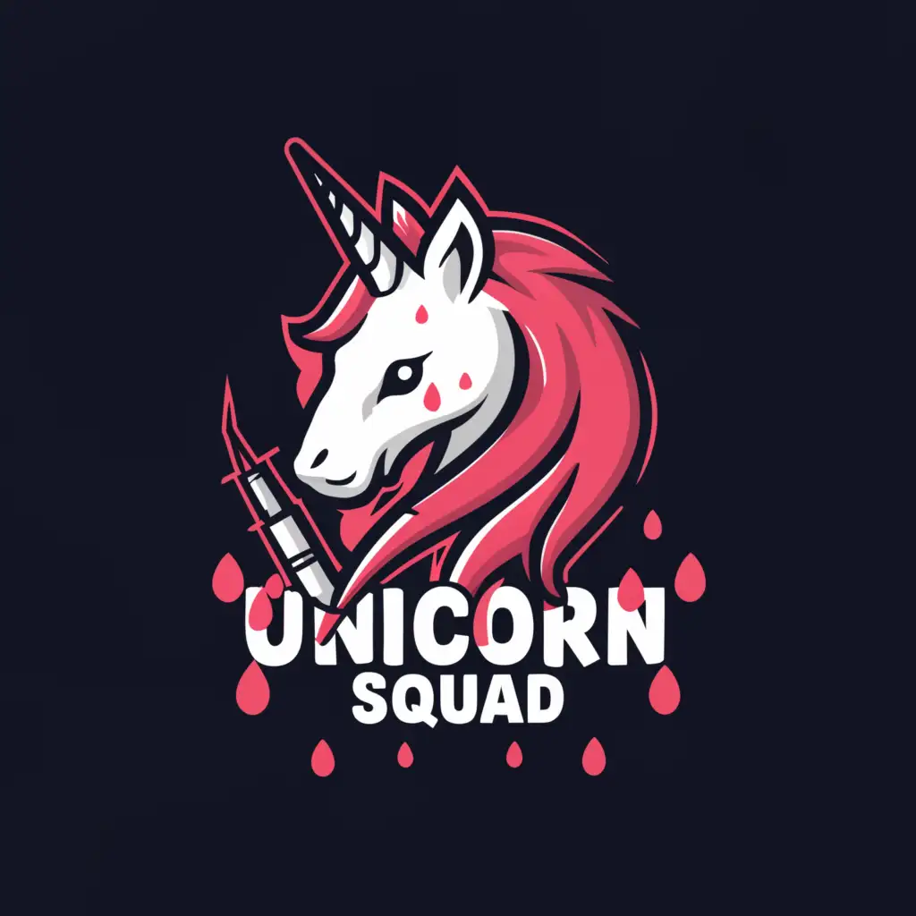 LOGO-Design-for-Unicorn-Squad-Minimalistic-Unicorn-and-Syringe-with-Blood-Drops-EKG-Trace-in-Medical-Dental-Industry