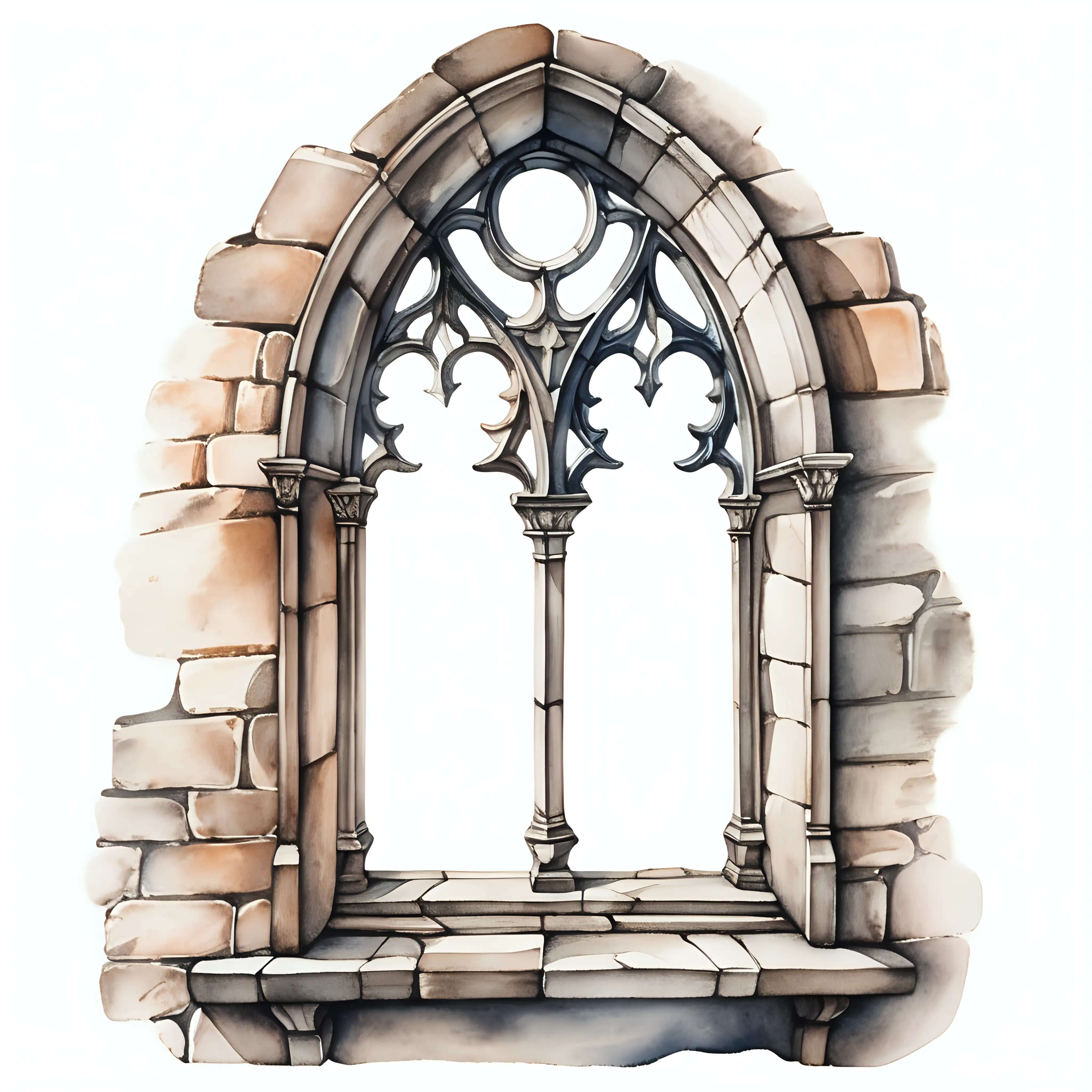 Isolated Medieval Window Dark Watercolor Drawing