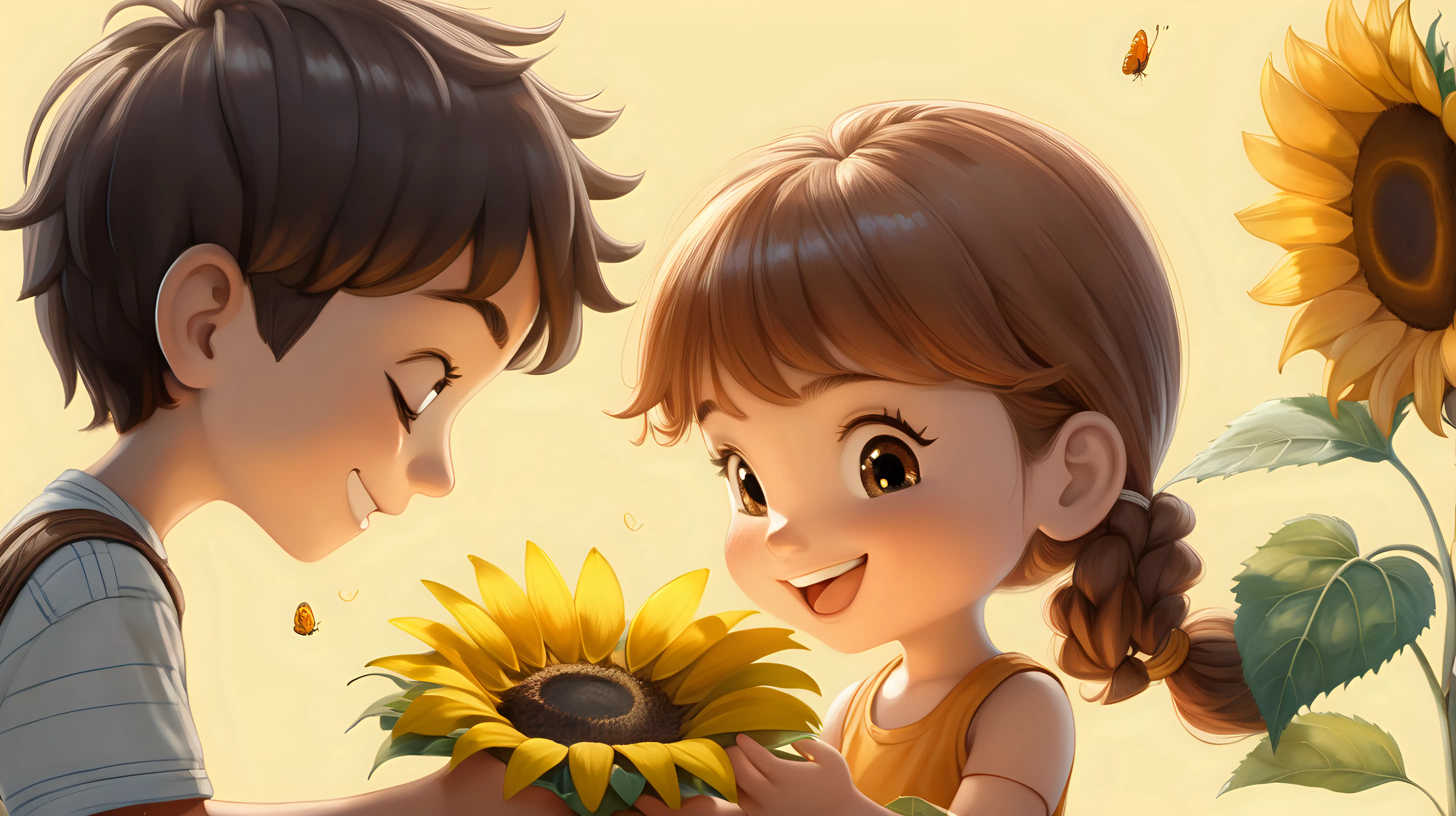 Animated Boy and Girl Sharing a Tender Sunflower Moment