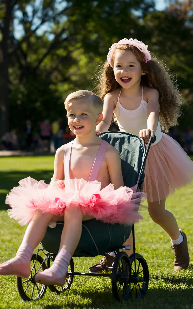 Photograph of a cute 7-year-old little blonde boy with short smart hair shaved on the sides, he is with his 6-year-old long-haired sister with long curly hair at a park, after losing a bet the boy has to wear a pink ballerina tutu dress and a bonnet and sit in an oversized pram, the girl is excitedly pushing the boy in the pram around the park, white skin, adorable, perfect faces, perfect faces, smooth Skin