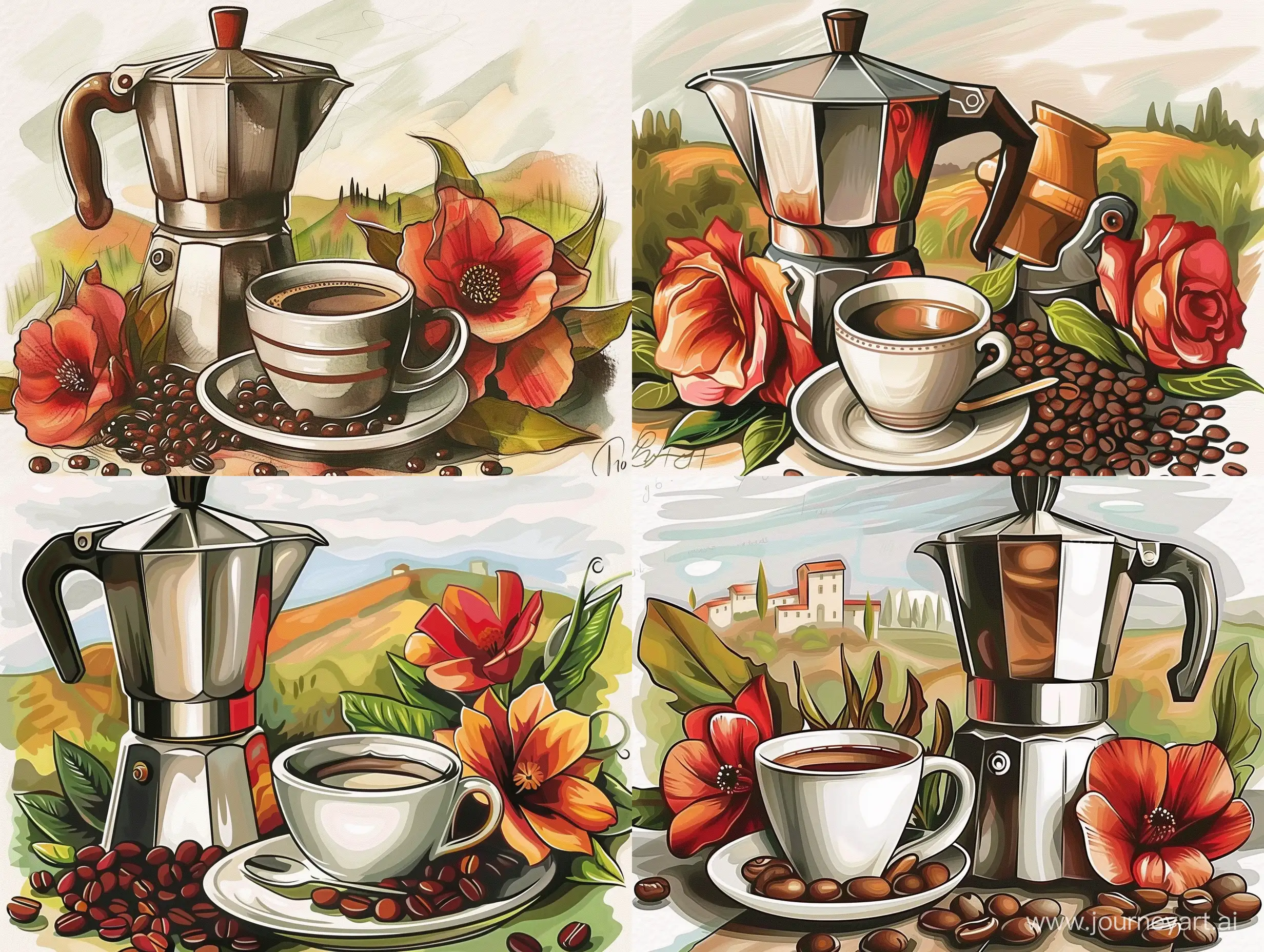 Иллюстрация  кофе, зерна кофе, кружка кофе, кофейник, на фоне пейзажа Италии  - sref https://i.pinimg.com/564x/73/2b/6e/732b6e51a91994567e377da986b61ad3.jpg