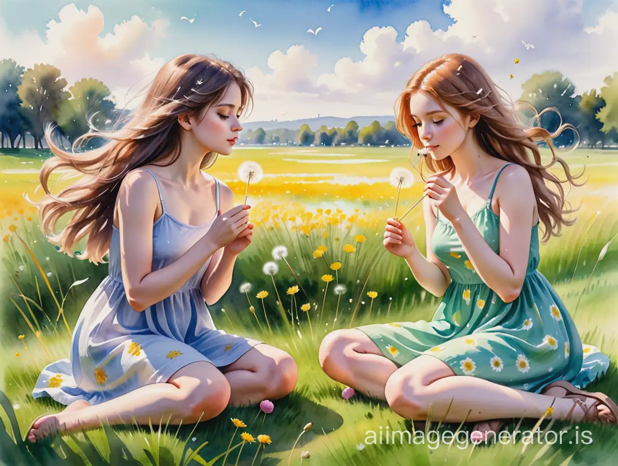Two girls sitting on the grass, blowing dandelions. There are flowers swaying in the wind on the grass. Watercolor art model figure study.