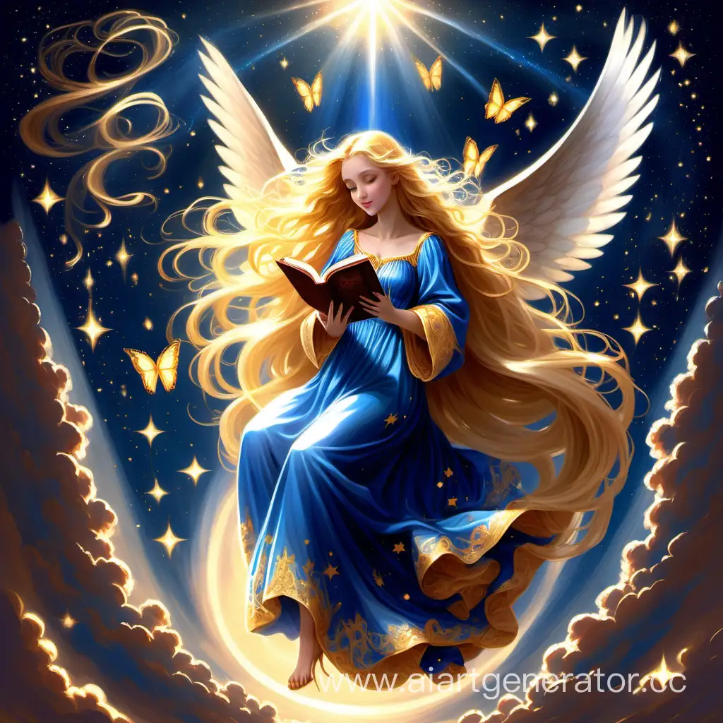 Красивый ангел спускается с небес , огромные солнечные пылающие крылья , крылья бабочки, длинные золотые волосы рапунцель , голубые добрые глаза , милое лицо, голубое платье мантия  , книга в руках , полный рост  , звезды ночь