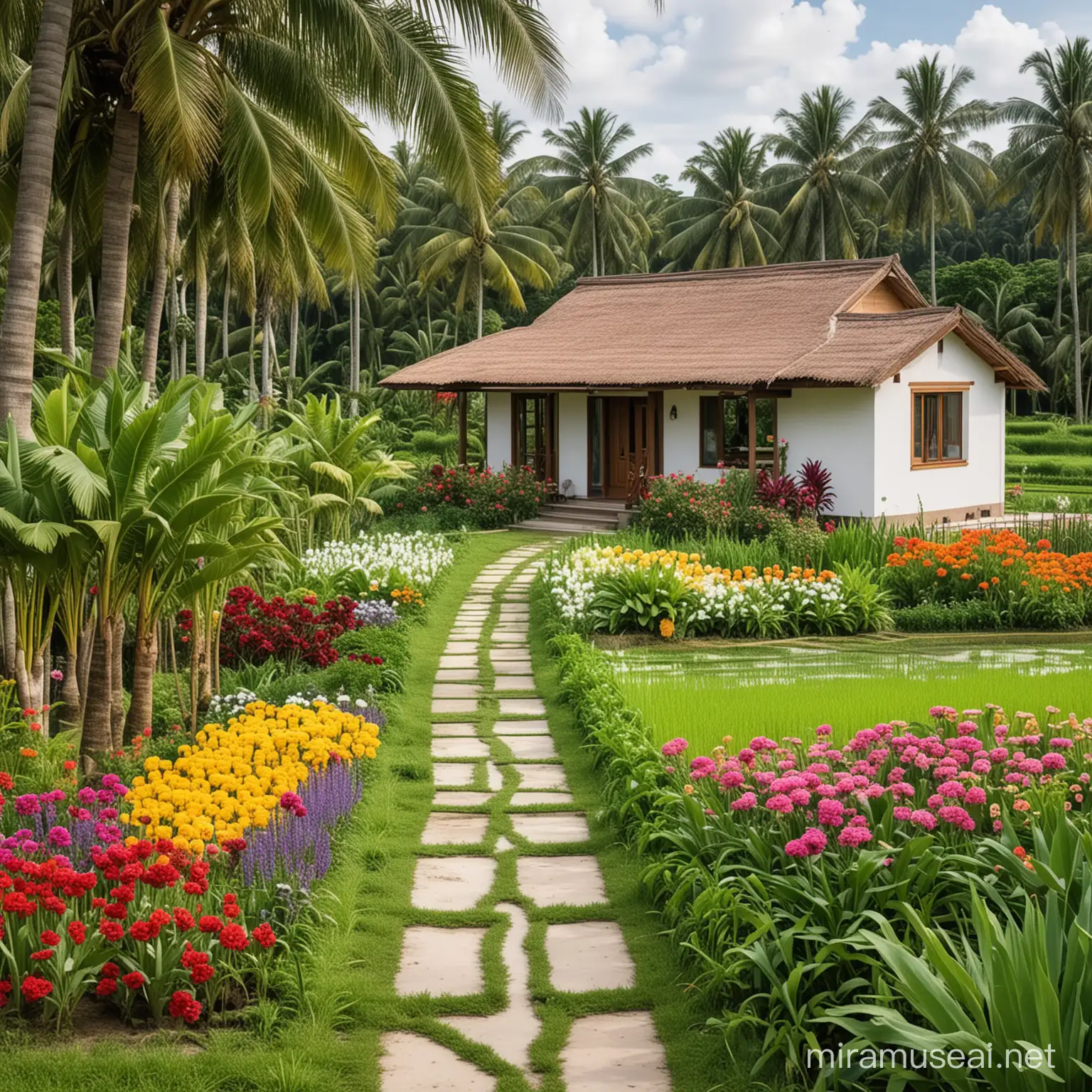 A cute modern house surrounded by garden of vegetables and colorful flowers, rice fields and coconut plantation. Garden of vegetables and flowers should be in the front yard. Rice fields and coconut plantation in the backyard