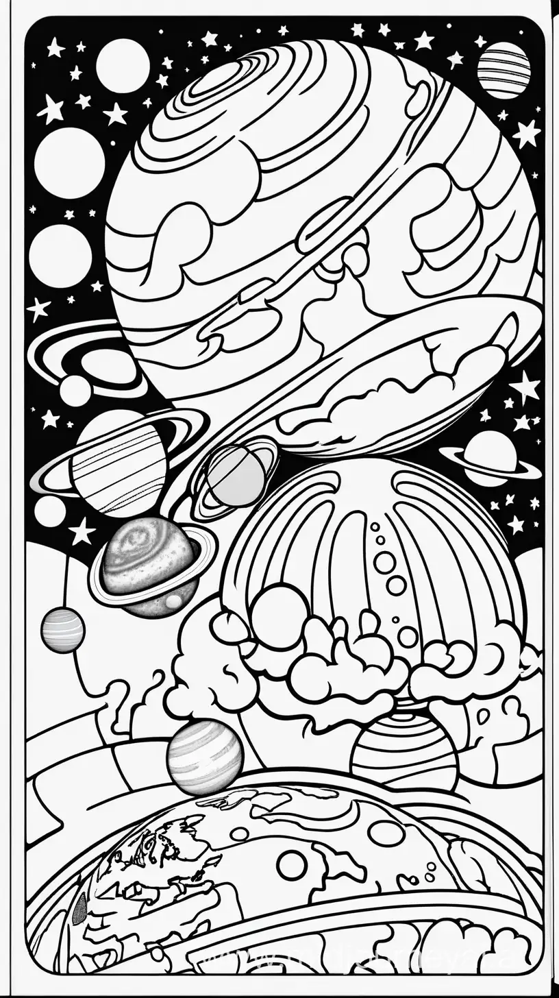 imagine coloring page for kids cartoon style , thick lines, low detail , no shading solar system