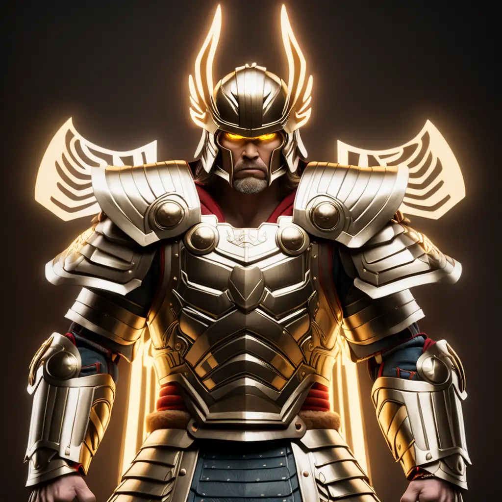 Thor samurai style lighting with gold gladiator armor with glowing eyes