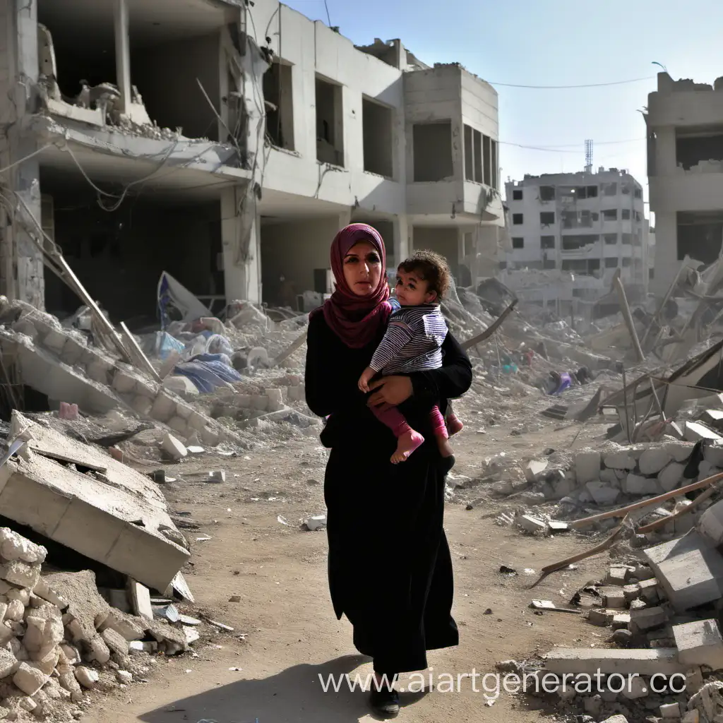Женщина с ребенком в развалах зданий в секторе Газа