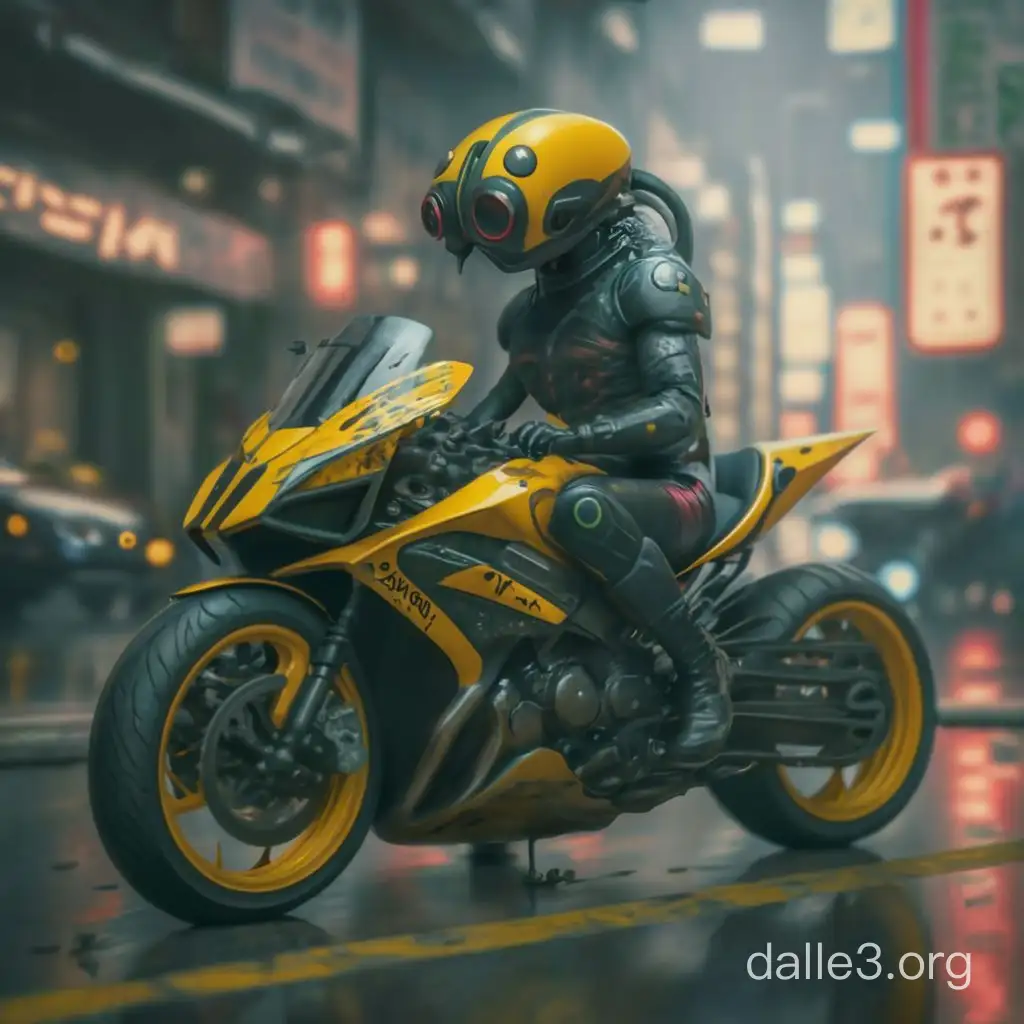 Cyberpunk rain spotted cyborg,  black and yellow cyberpunk motorcycle armour. Solid yellow colour angular helmet with two large black bulging bug eyes, with a hexagonal pattern. Sitting on a black and yellow angular cyberpunk motorcycle, in a Tokyo street at night in the rain.