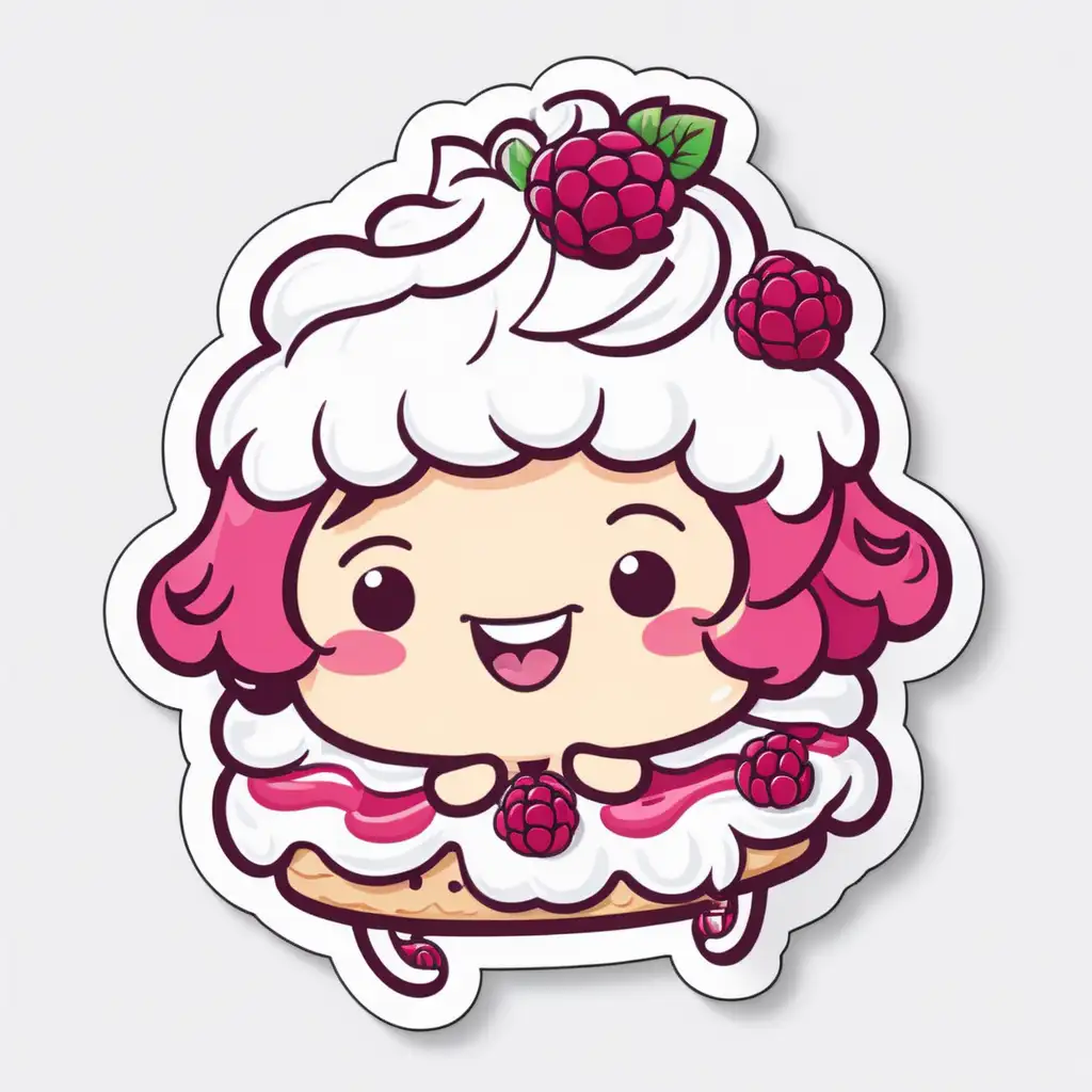 Sticker, Laughing KAWAII raspberry shortcake with Whipped Cream Hair, food illustration, mixed 
styles, contour, vector, white background