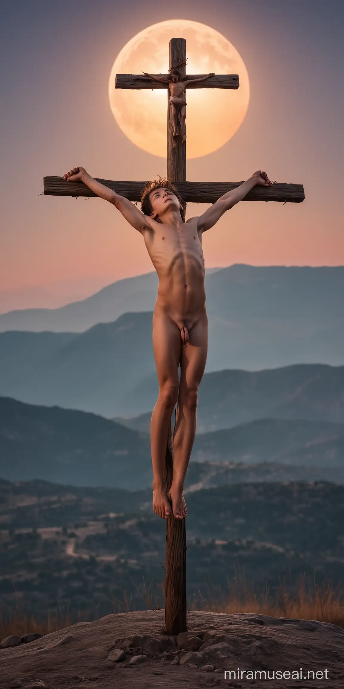 Rapaz crucificado (pregado na cruz) sem nenhuma roupa, pelado, sem panos, nu, visão frontal, ambiente montanhoso, eclipse solar (lua encobrindo o sol) iluminação de anoitecer, colorido.