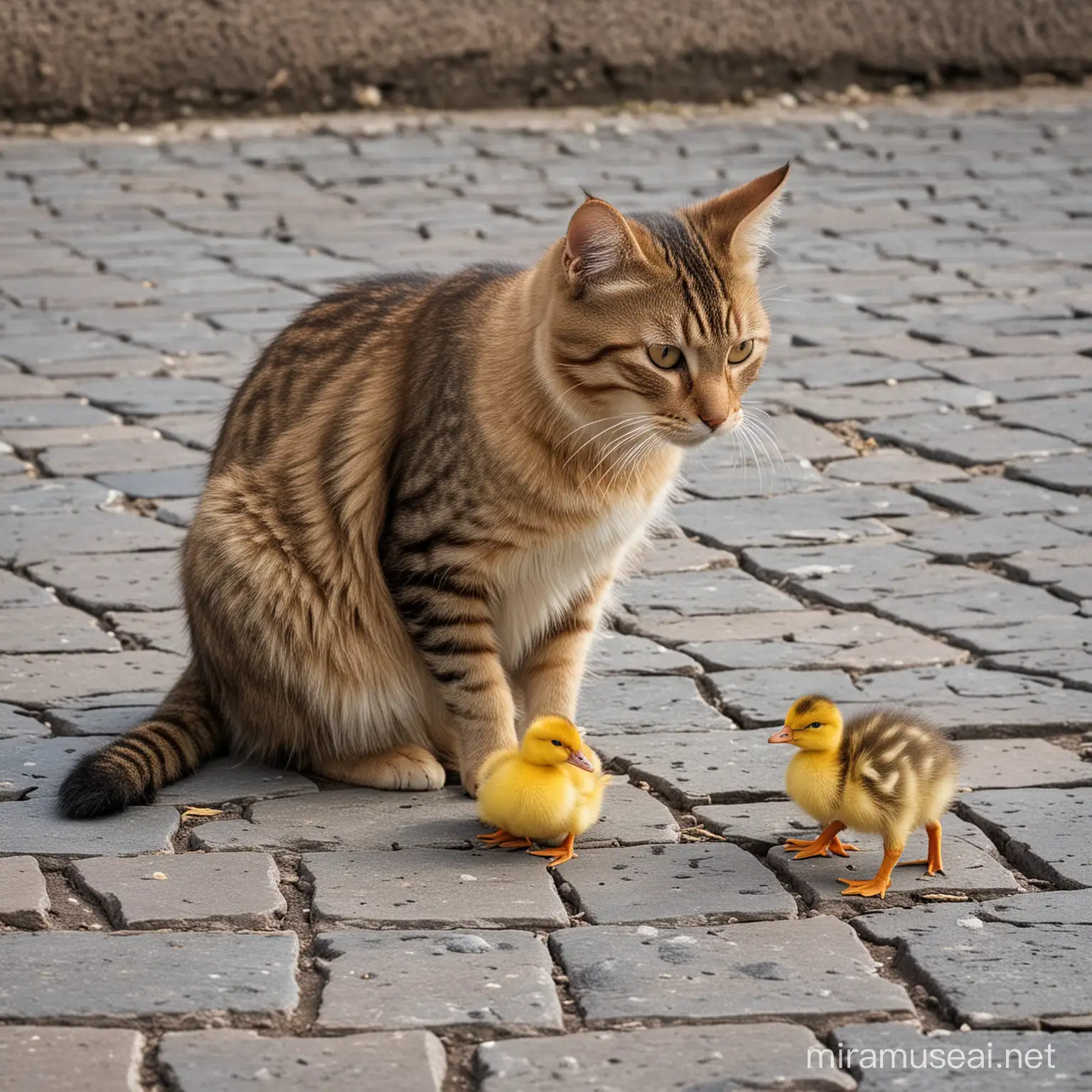 Cat with duckling in kosice main square