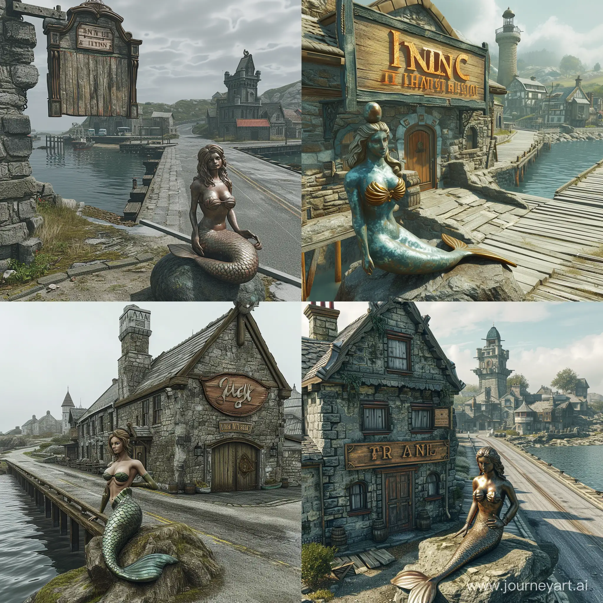 A worn down fantasy stone inn in a large military port on docks by the sea. A wooden sign hangs above inn doors, bellow to the side a beautiful topless Bronze mermaid statue. Statue is posed in a sitting on a rock in front of the inn's entrance on dock. There is a wide road between inn and sea. Behind inn and to the side there are more houses. Statues breasts have polished bronze shine. Artistic rulebook image style.