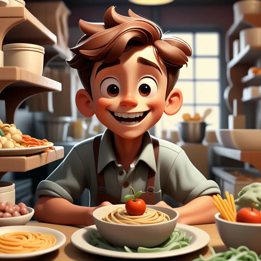 genera una imagen de un chico joven feliz, atendiendo su negocio de comida que la imagen sea tipo Disney.