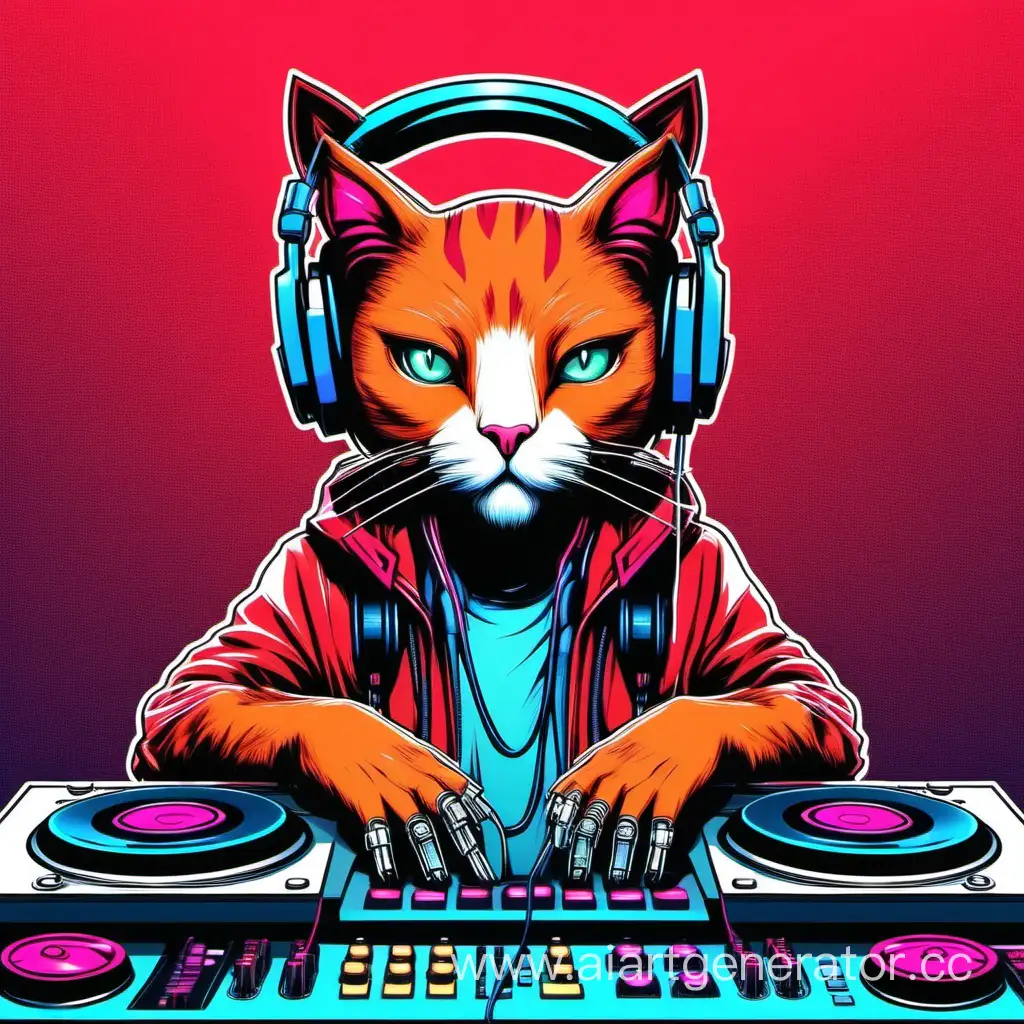 Крутой, милый рыжий кот с наушниками, за Диджей столом кибернетический стиль