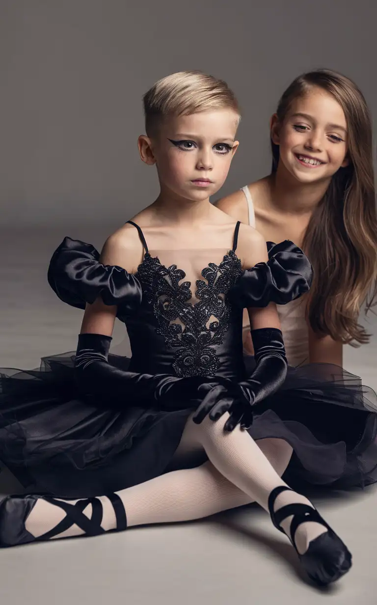 Role-reversal Photograph of a cute 7-year-old little blonde boy with short smart hair shaved on the sides, he is sitting on the floor of a photography studio posing elegantly, serious expression, the boy is done up in a vast draping silky black ornate ballerina dress with poofy black sleeves and long black gloves, the boy’s face has black eyeliner and perfect makeup on, elegant photograph, the boy is sitting with a long-haired smiling girl, English, perfect faces, perfect faces, smooth