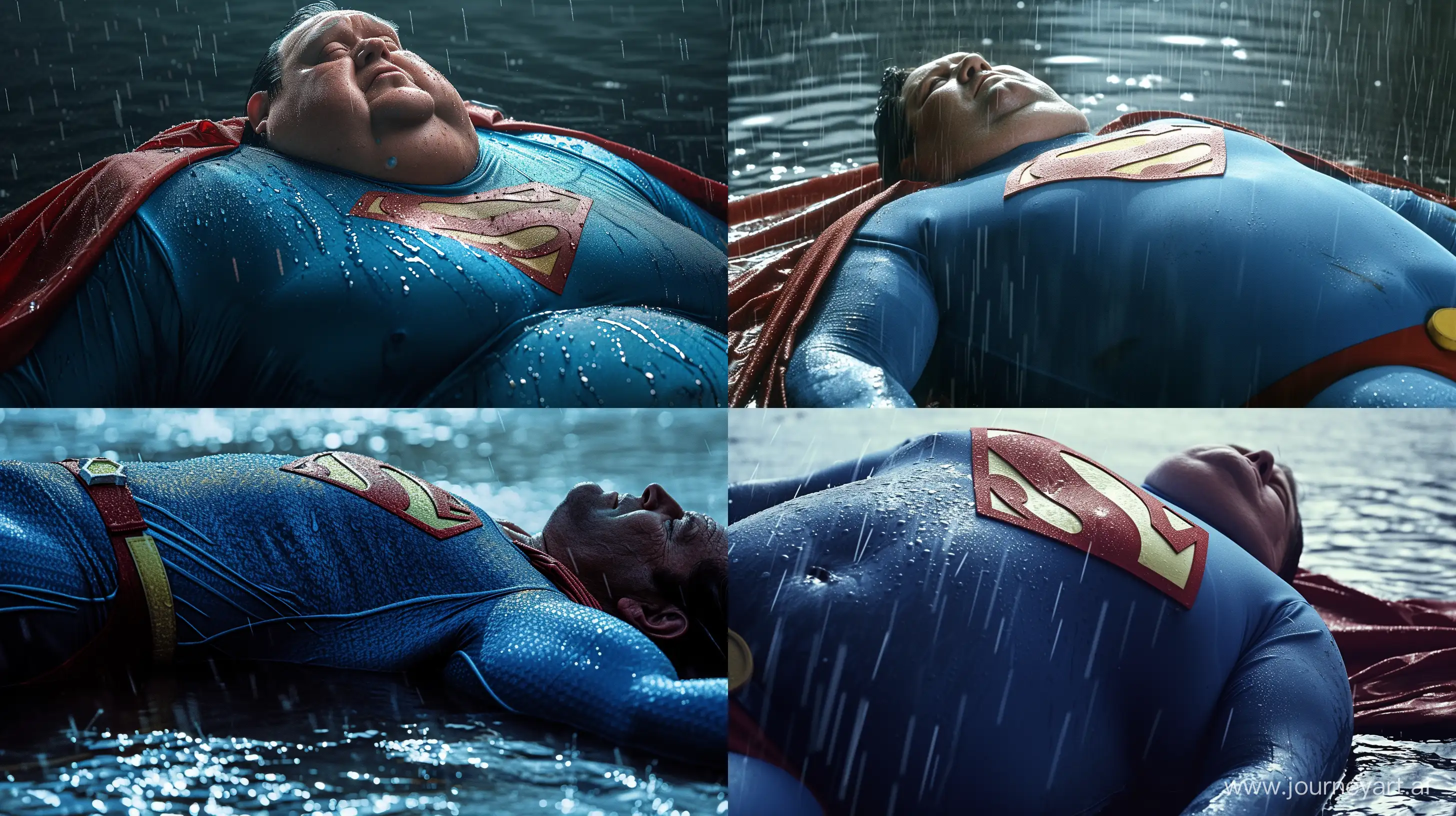 Close-up photo of a fat man aged 60 wearing a tight blue 1978 smooth superman costume with a red cape lying in the rain. Natural Light. River. --style raw --ar 16:9