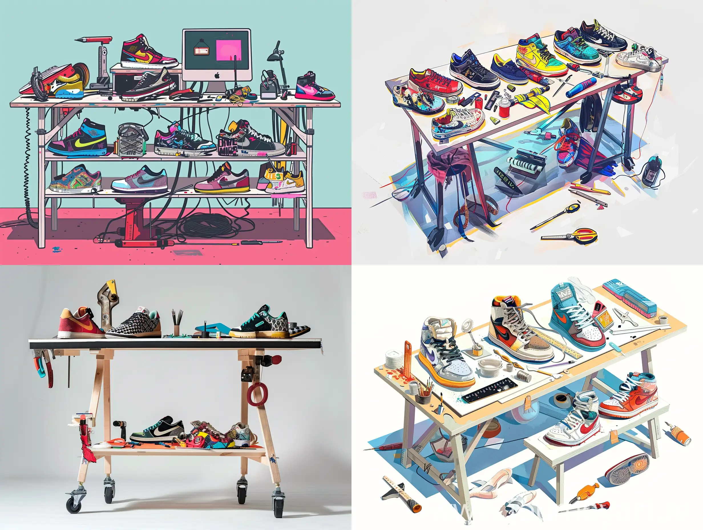 Generate a visually striking depiction of a DIY sneaker upcycling station, featuring a high table transformed into a vibrant workspace adorned with custom sneakers and creative tools, exuding an atmosphere of artistic passion and innovation.