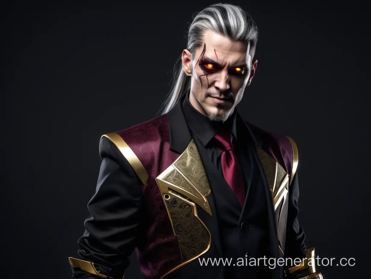 man, 35 years old, cyberpunk, prosthetic right arm, black shirt, black trousers with gold edging, burgundy vest with gold patterns, gold tie, black long-sleeved jacket worn over the shoulders, gray hair, red iris, black white eyes, fair skin, sinister smile