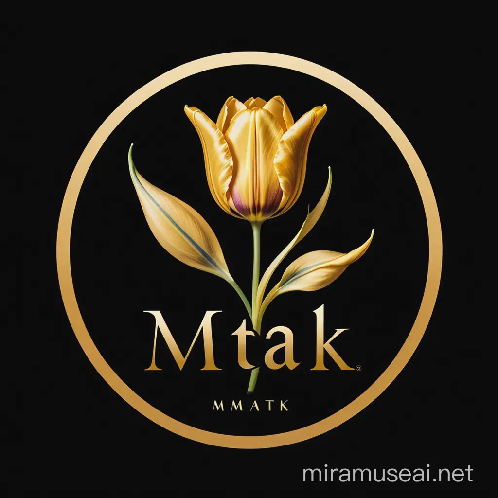 The design of a Dutch tulip with a black background with the word "MTAK" written in the middle of the logo in gold color with Latin font.