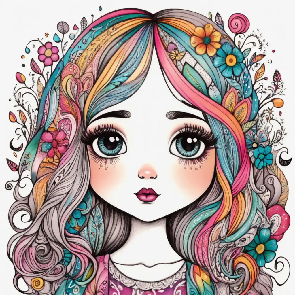 whimsical girl, art by hannah lynn, heavy lined design with colors