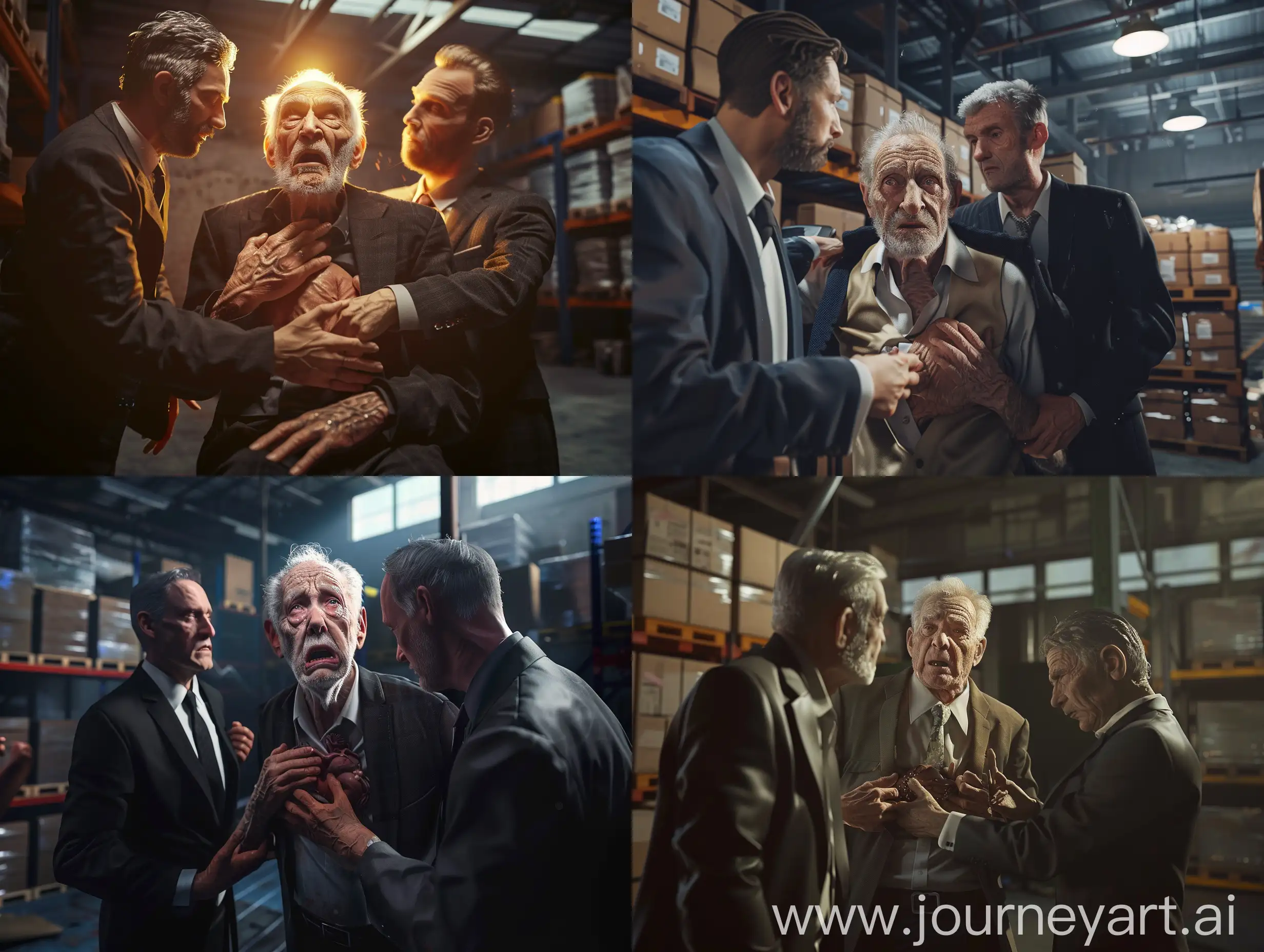 photo-realistic,an old man in a warehouse has a heart attack as two men in suits try to help him,atmospheric lighting 