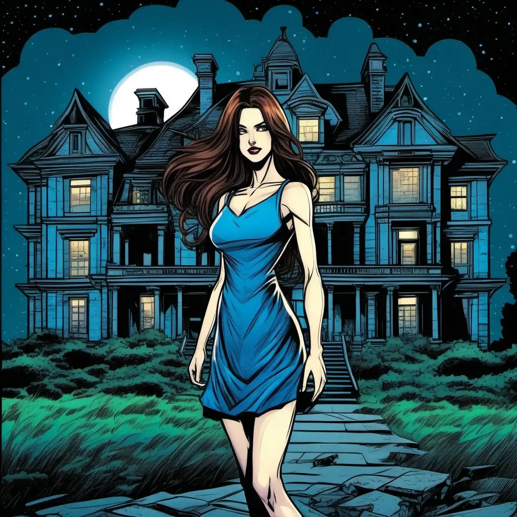 young woman with long brown hair wearing a short blue dress standing in front of a deserted old mansion at night
comic book style
