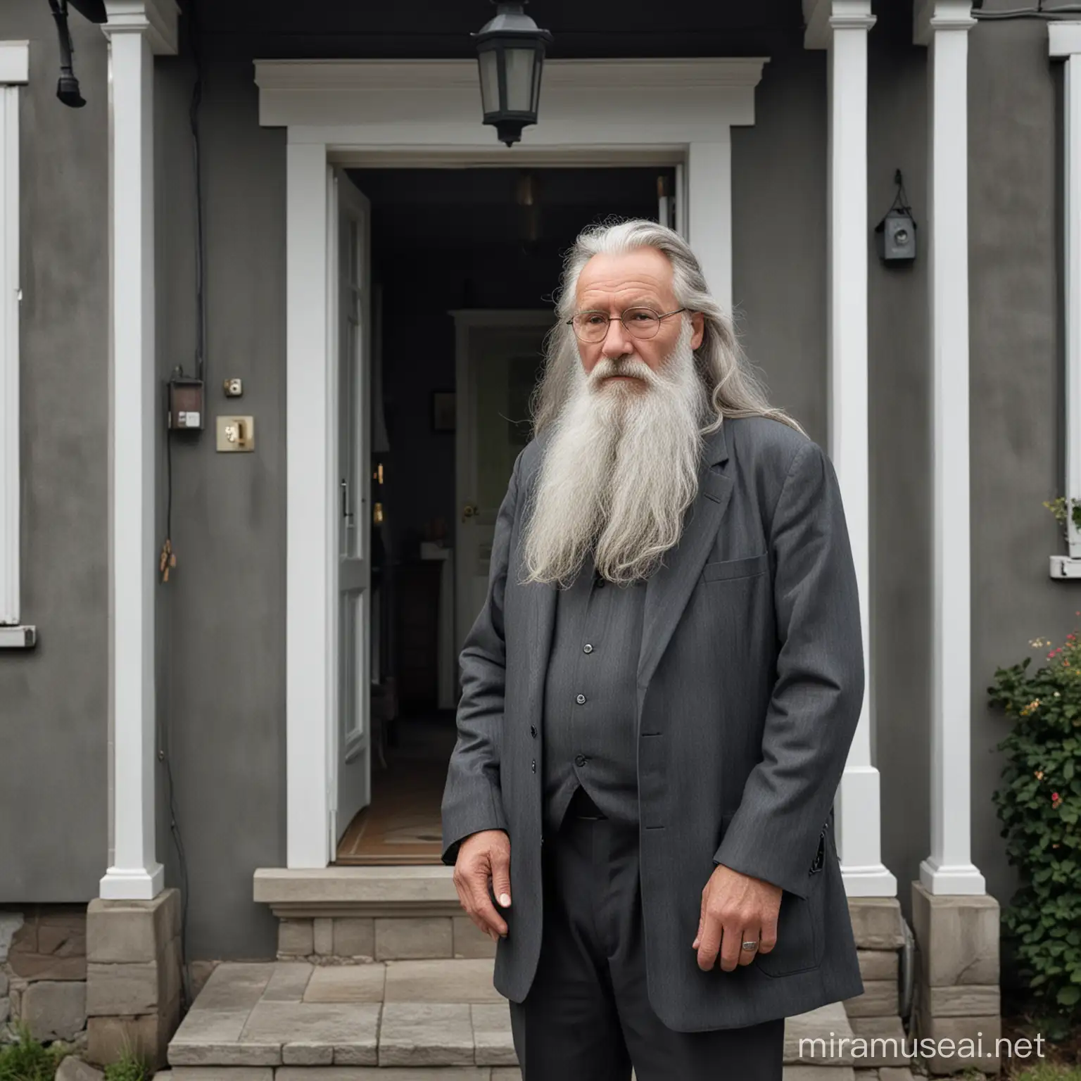 A photo-realistic picture of a 68-year-old Swedish philosopher,he has a long gray beard and long gray hair, he is outside in front of his detached house