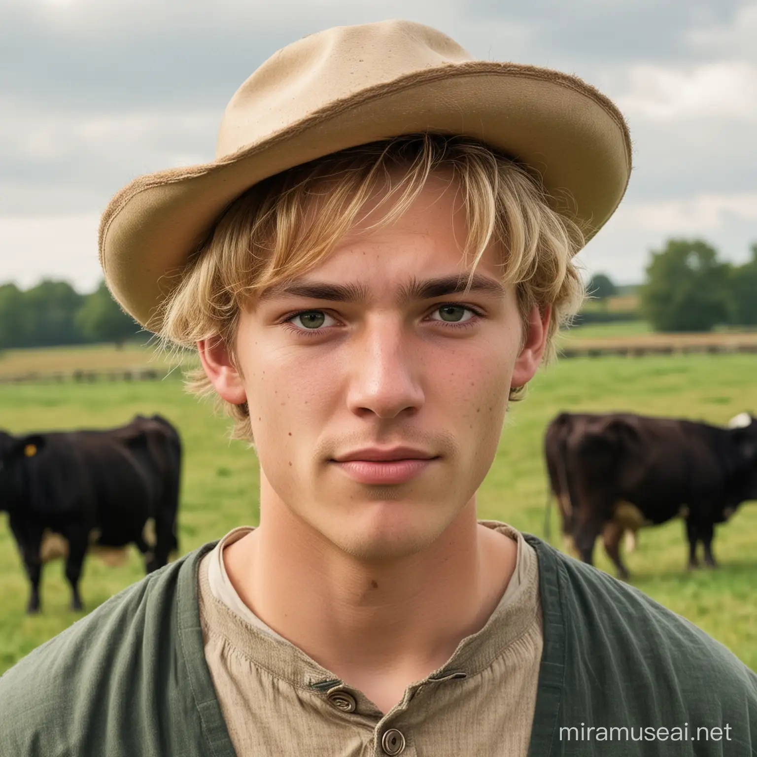Homme, 17 ans, visage rond, yeux noirs et cheveux blonds. Dans le fond des vaches dans un pâturage. Une tenue de fermier dans l'antiquité