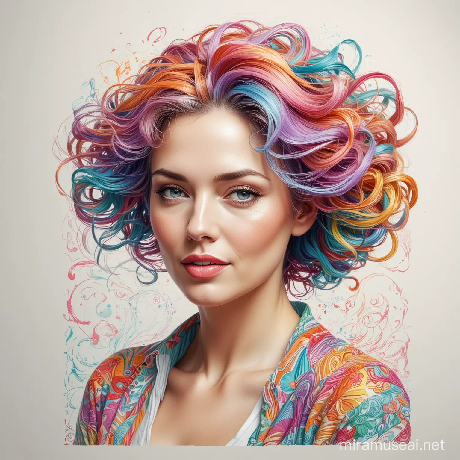 A stunning illustration featuring pencil outlines of a woman aged around forty with vibrant colors and a 3D rendering effect. The white background enhances the contrast of the drawing, showcasing her unique facial features, wavy hair, and an elegant pose. The women's attire is a mix of modern and classic, with a touch of fantasy. The combination of typography and a captivating quote adds depth to the artwork, which can be seen as a poster or a painting in a modern art gallery., 3d render, poster, typography, painting, illustration, vibrant, photo
