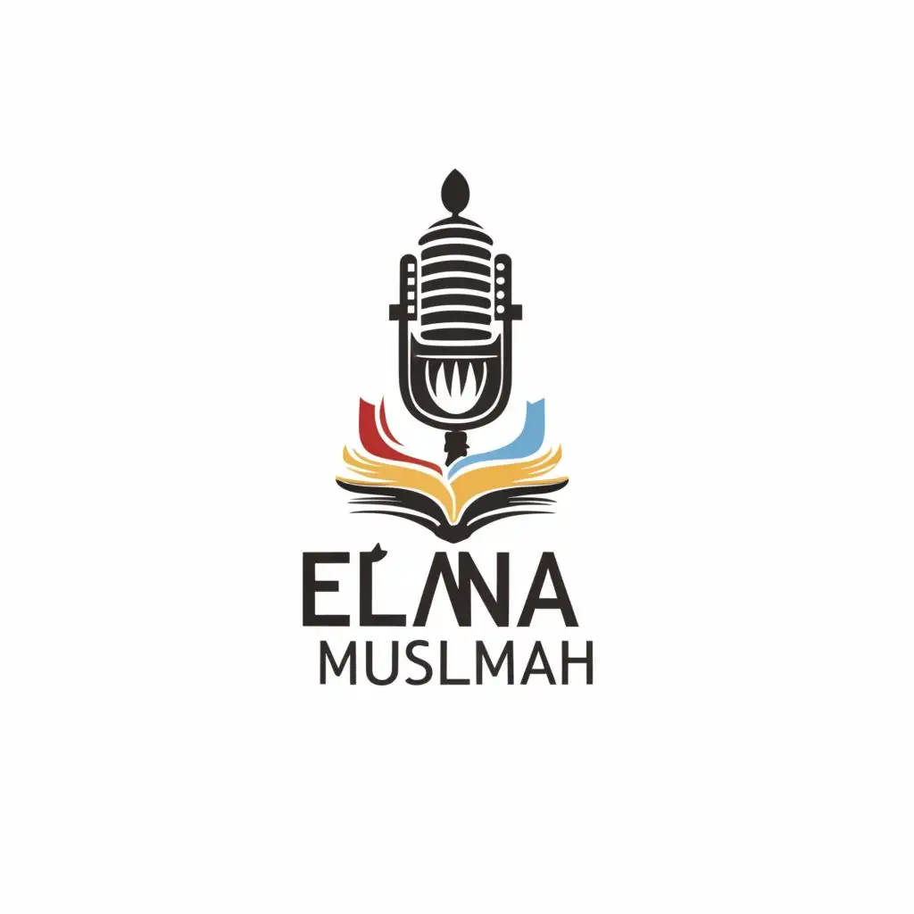 logo, microphone+books, with the text "Elana Muslimah", typography
