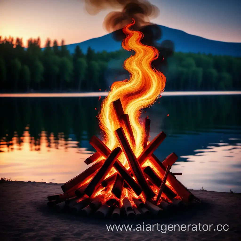 изобрази костер с танцующим пламенем огня на берегу озера