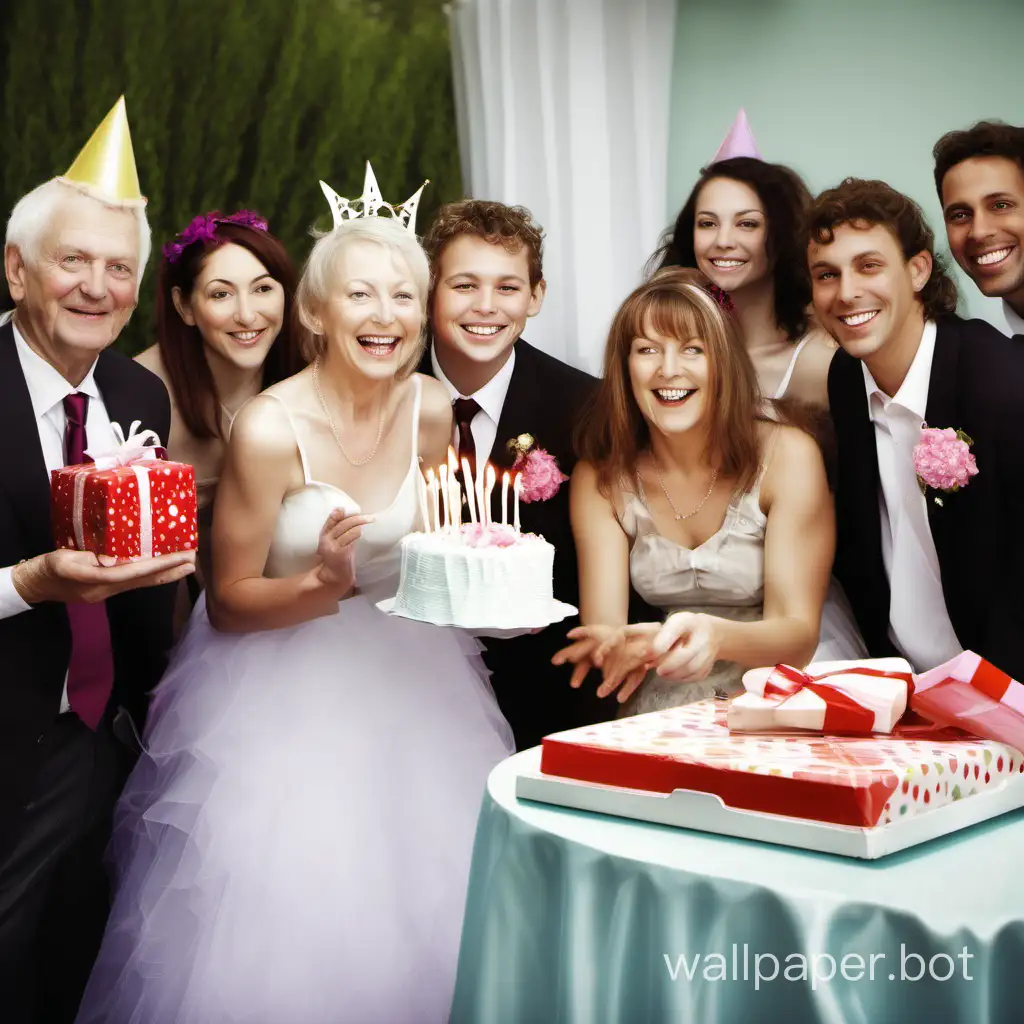 This is a real photo taken at a wedding. Today is MAY's birthday. She is a white lady from the United States. There are happy birthday decorations behind her. Her friends have come to celebrate her birthday. There is a birthday cake around her and she is holding a gift box in her hand. The whole picture presents a festive scene.