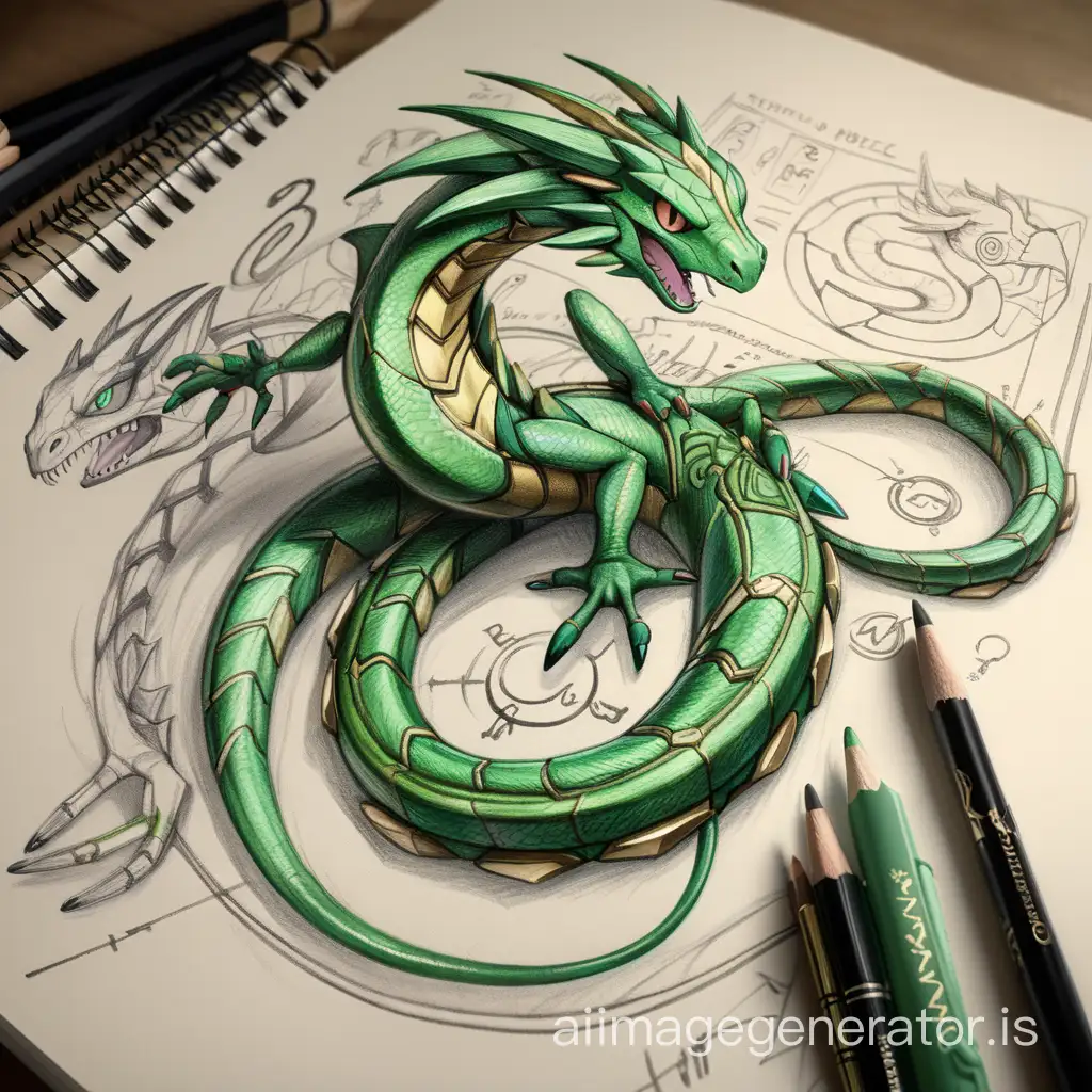 Sketchbook Style, Sketch book, hand drawn, dark, gritty, realistic sketch, Rough sketch, mix of bold dark lines and loose lines, bold lines, on paper, turnaround character sheet, pokemon rayquaza, a green dragon advanced snake, no legs, arcane symbols, runes, dark theme, Perfect composition golden ratio, masterpiece, best quality, 4k, sharp focus. Better hand, perfect anatomy.