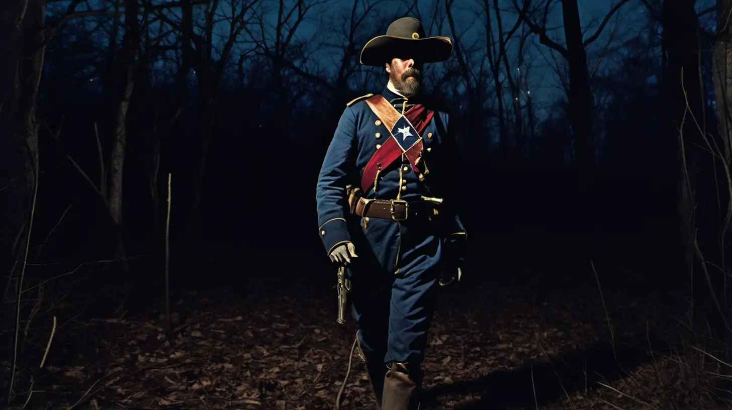Confederate Cavalry Officer Walking Through Night Woods
