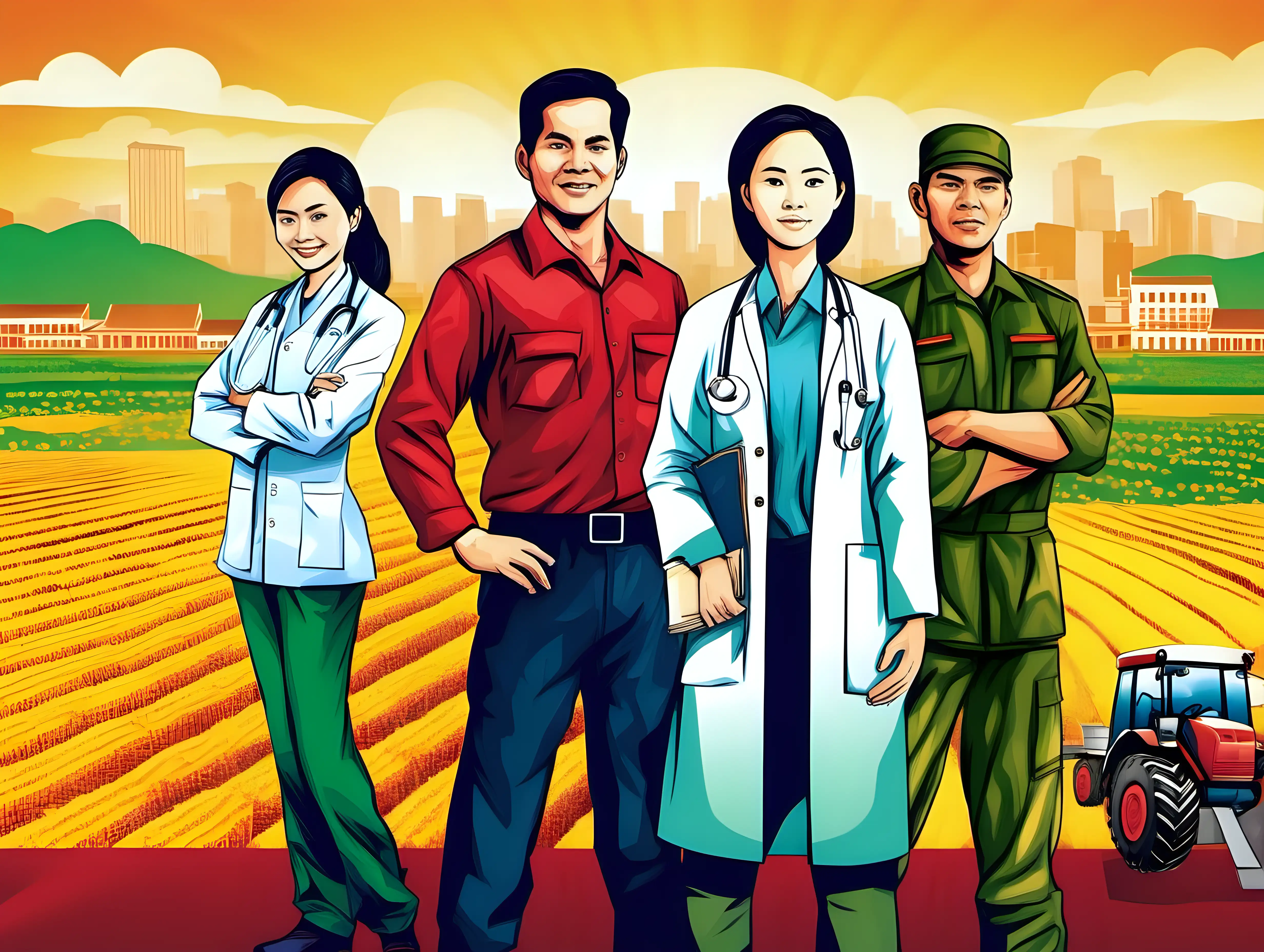 Vietnamese Diversity Poster Female Teacher Engineer Doctor Male Farmer and Soldier in Cityscape
