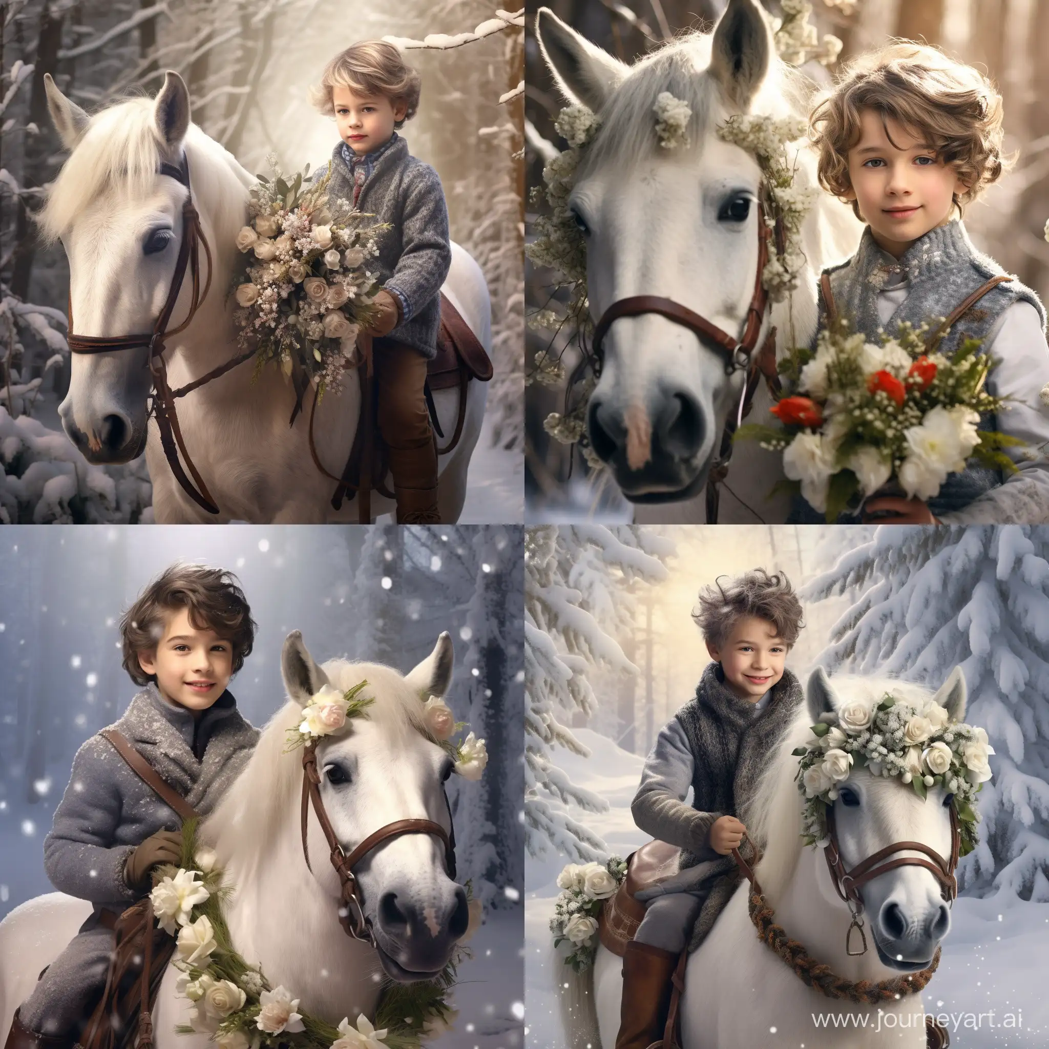 Весёлый мальчик - принц в сказочной одежде, скачет на шетлендской пони по заснеженному лесу, в руках принц держит букет цветов, зимний солнечный день, фотография, гиперреализм, высокое разрешение