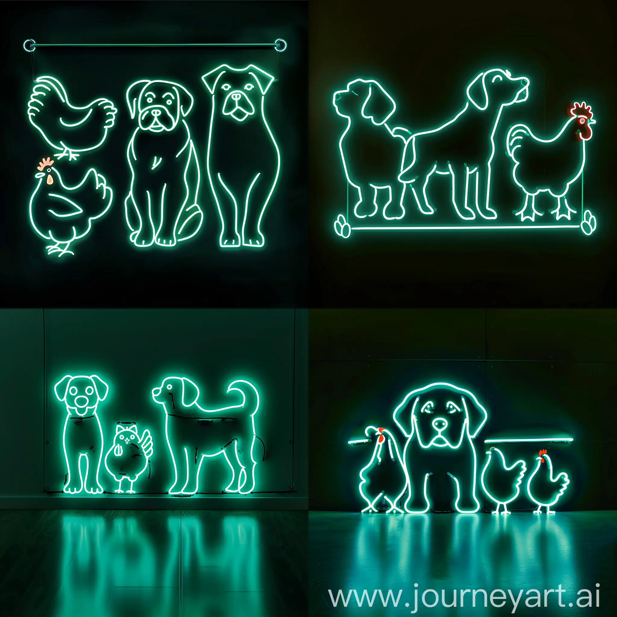 give me a pet clinic banner that created from neon lights with shape of dog , cat and chicken in the banner with 
Turquoise color