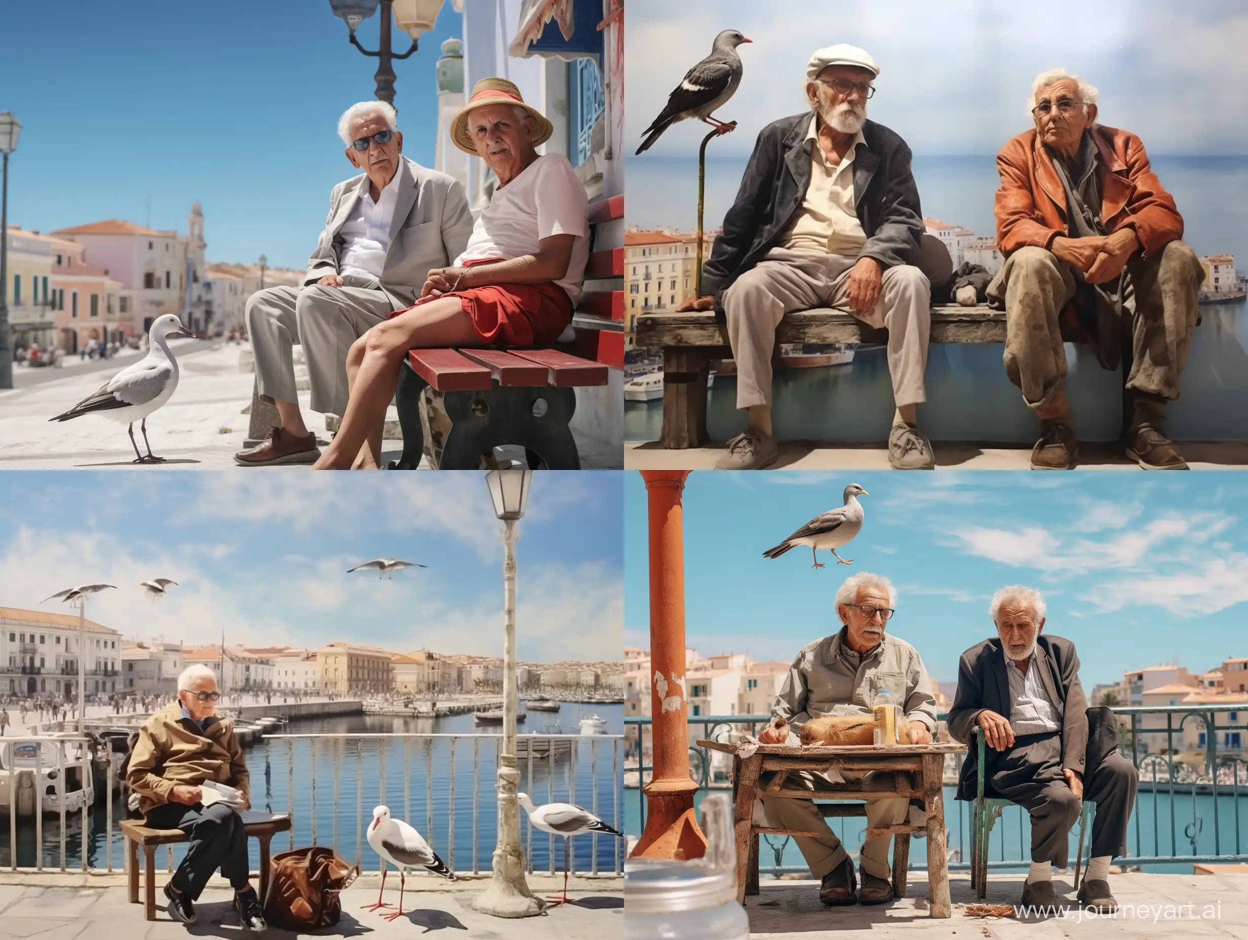 Старый Хорхе сидит на кнехте в порту перед ним летит чайка за спиной стоит старый испанец настоящие реализм фотокачество