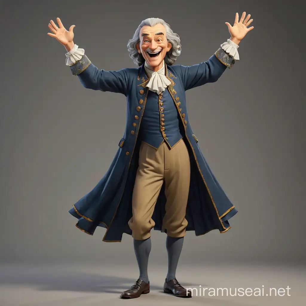 The philosopher Voltaire, already old, in his 80s, stands and rejoices, raising his arms above his head, smiling a toothless smile. He is dressed in the style of the 18th century, we see him in full height, with arms and legs. In the style of 3d animation, realism.