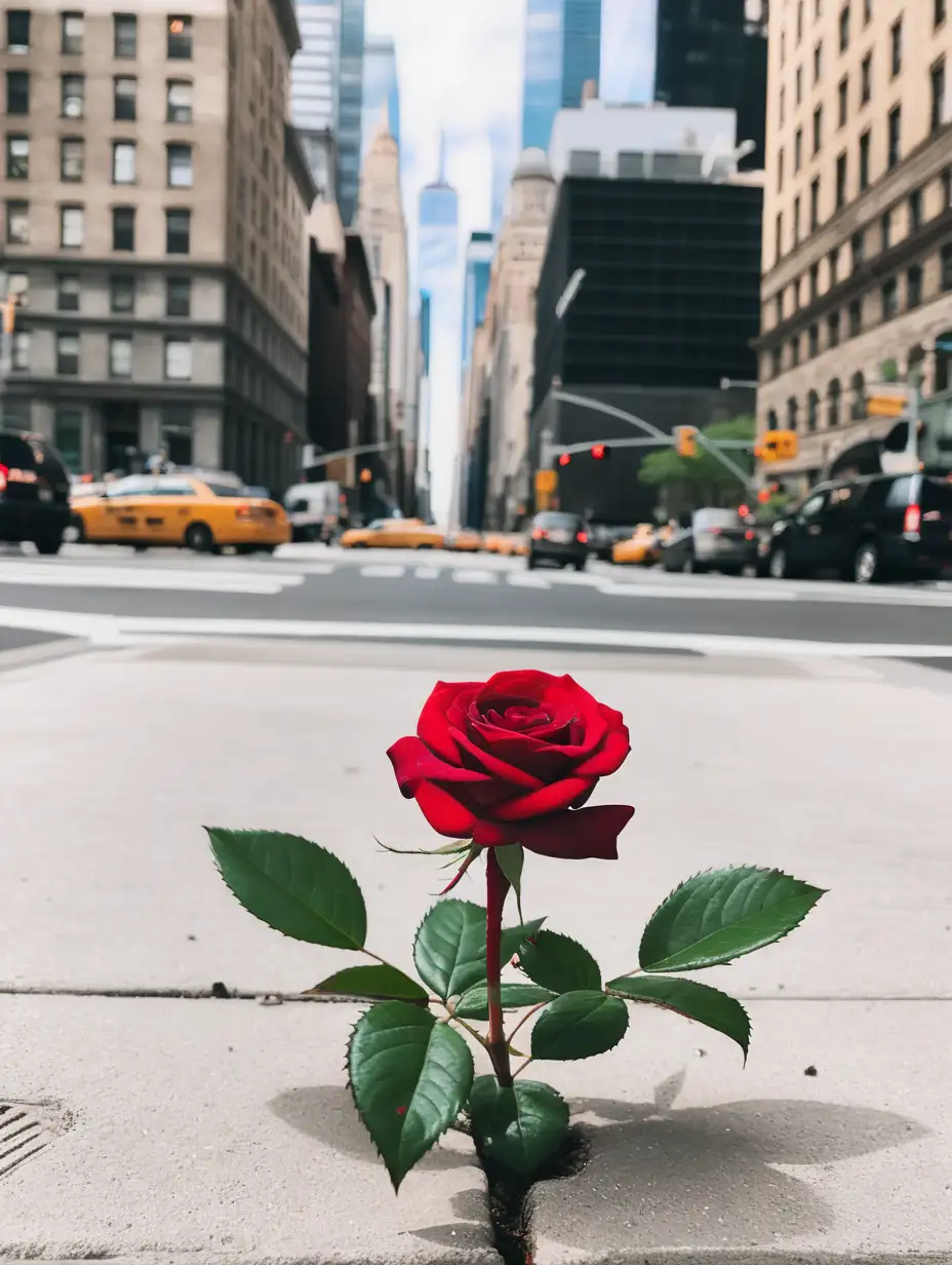 red rose growing in concrete in middle of New York City