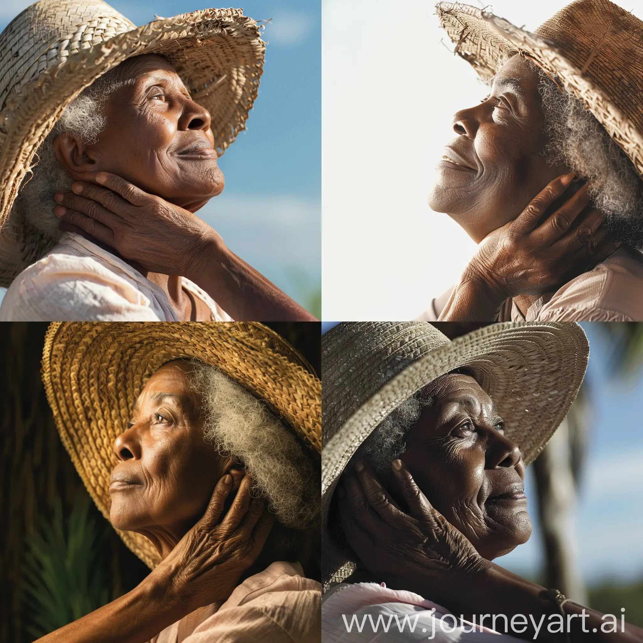 Generate an image of a 68-year-old African woman in a side profile portrait, gracefully holding her neck with a reflective expression. She is wearing an old straw hat. On a sunny day