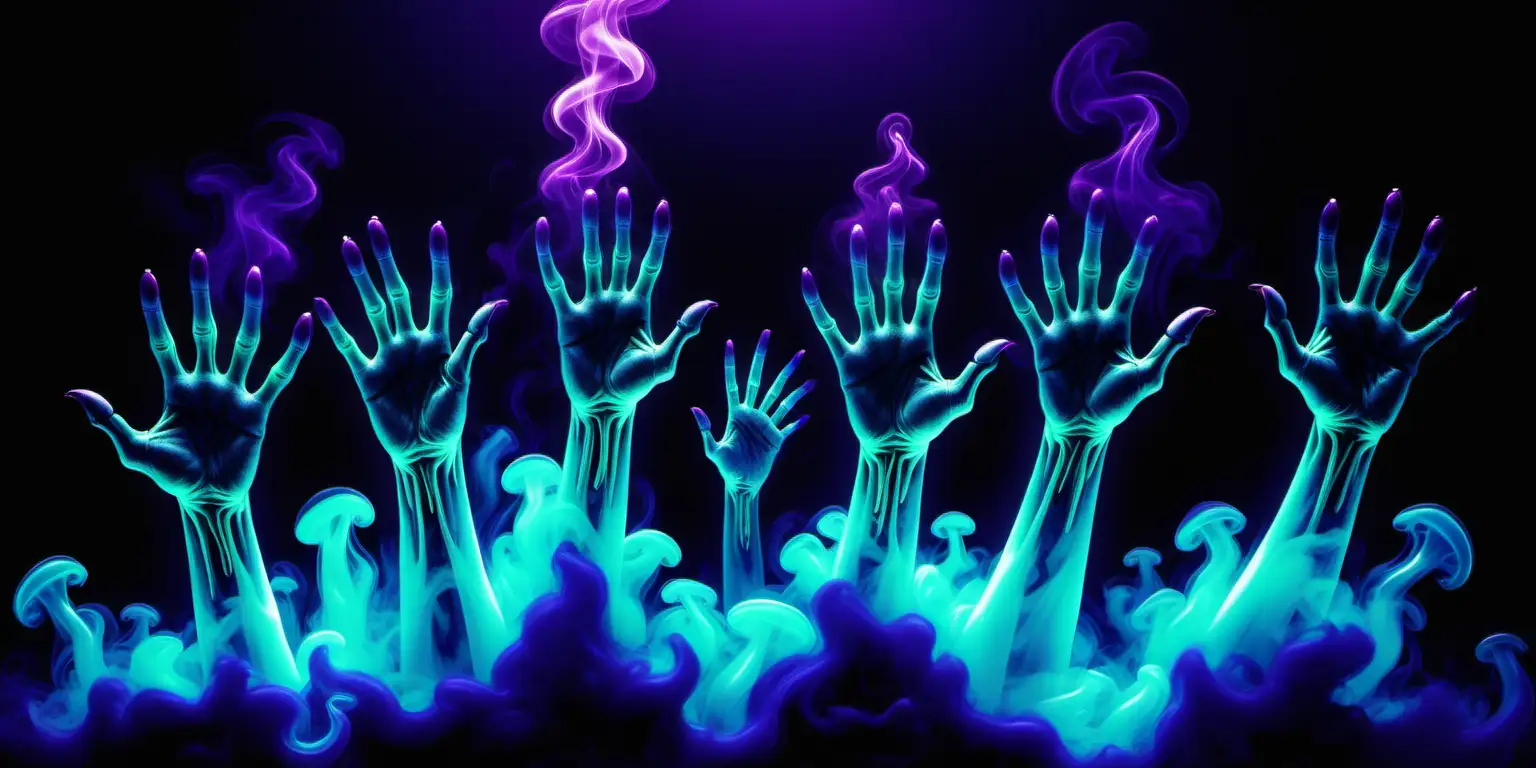 Eerie Neon Zombie Hands Emerging from Mystical BlueGreen Smoke