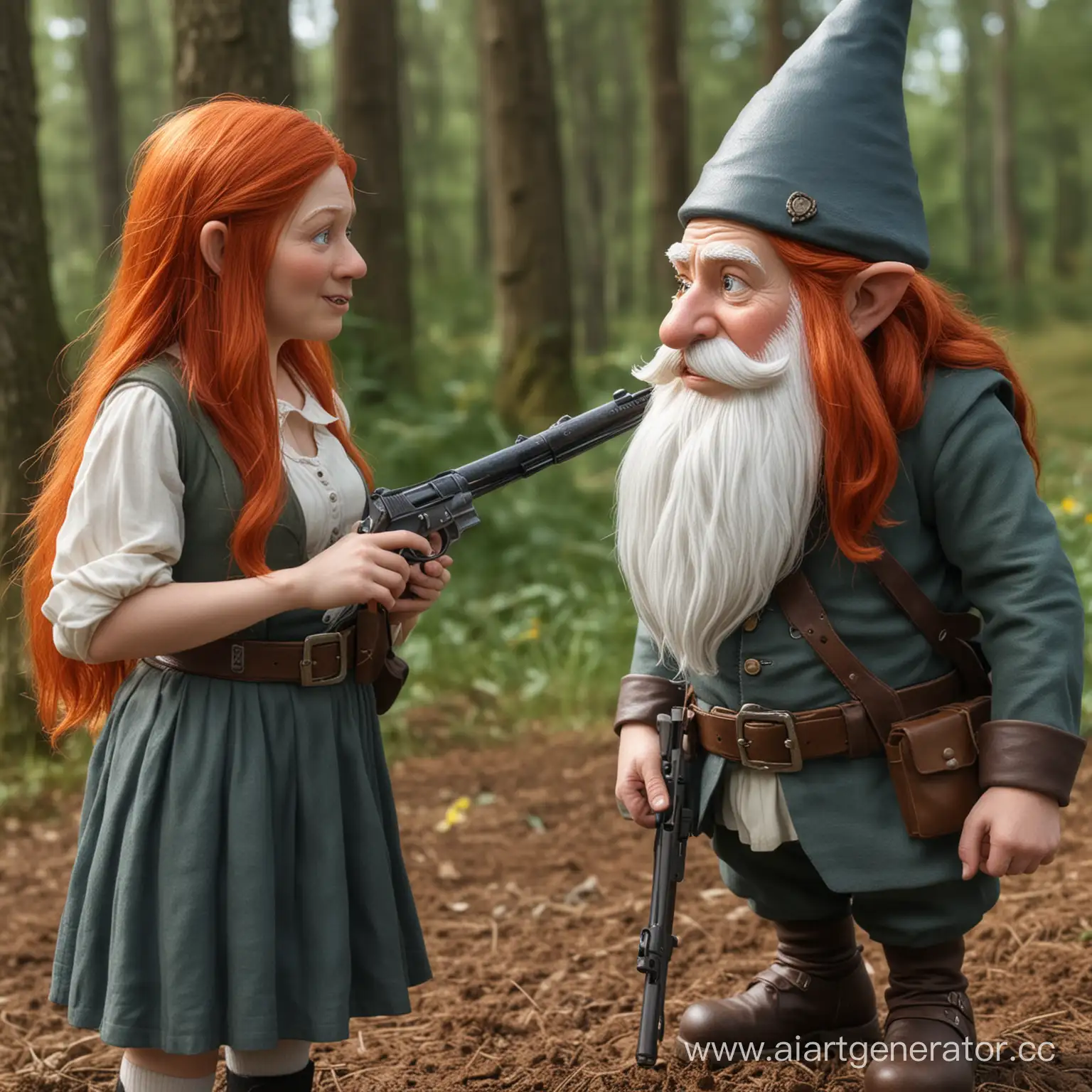 Fantasy-Gnome-Requesting-Weapon-from-Towering-RedHaired-Woman